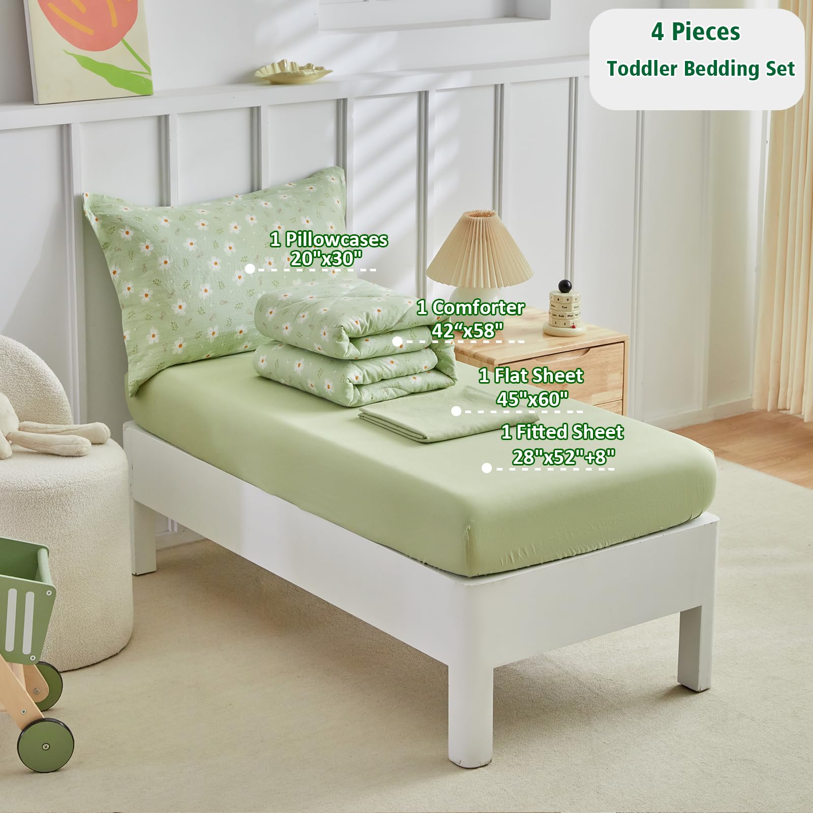 DuShow Green Floral Toddler Bedding Set fitted sheet fits snugly and protects sleepers.