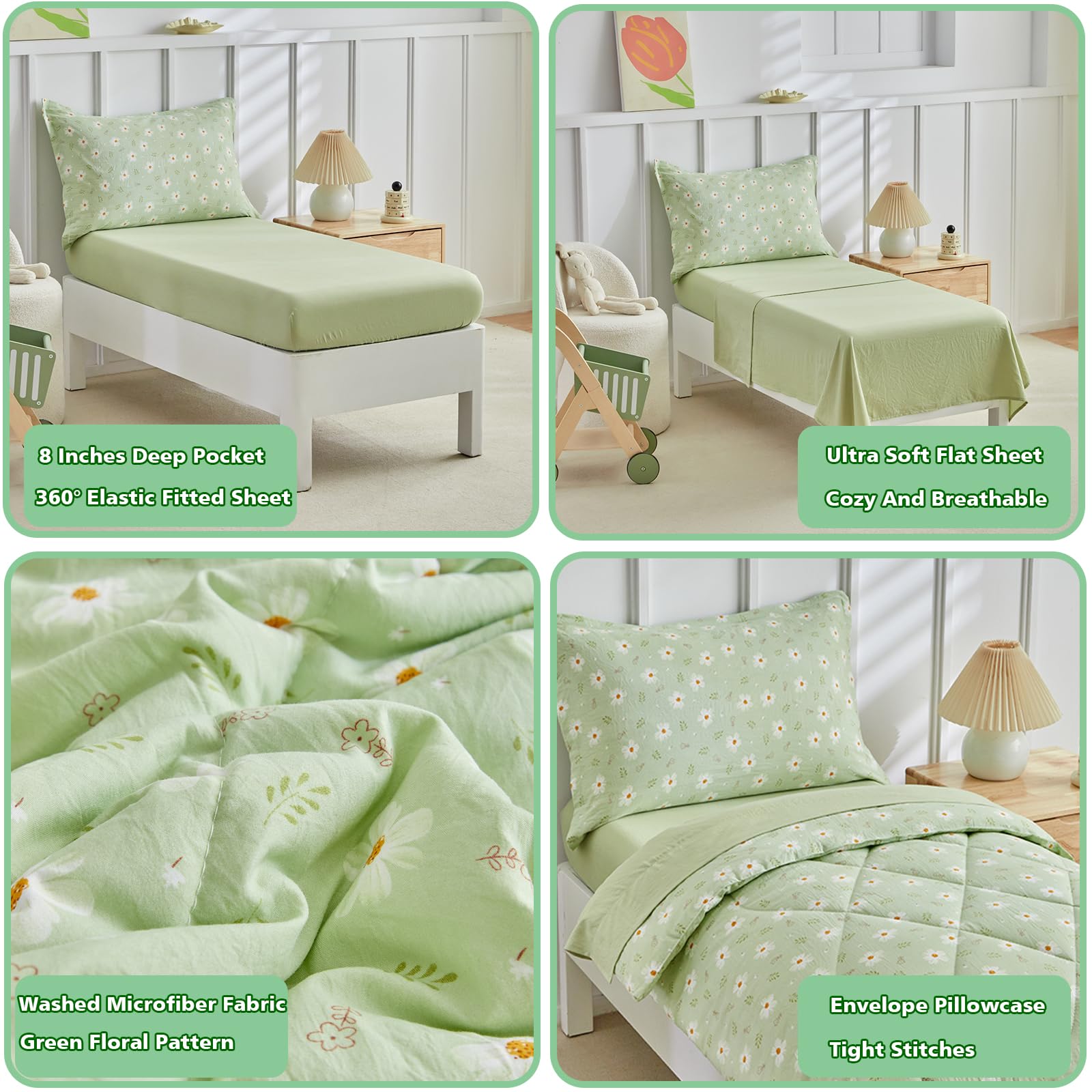 DuShow Green Floral Toddler Bedding Set pillowcase keeps little heads comfy and clean.
