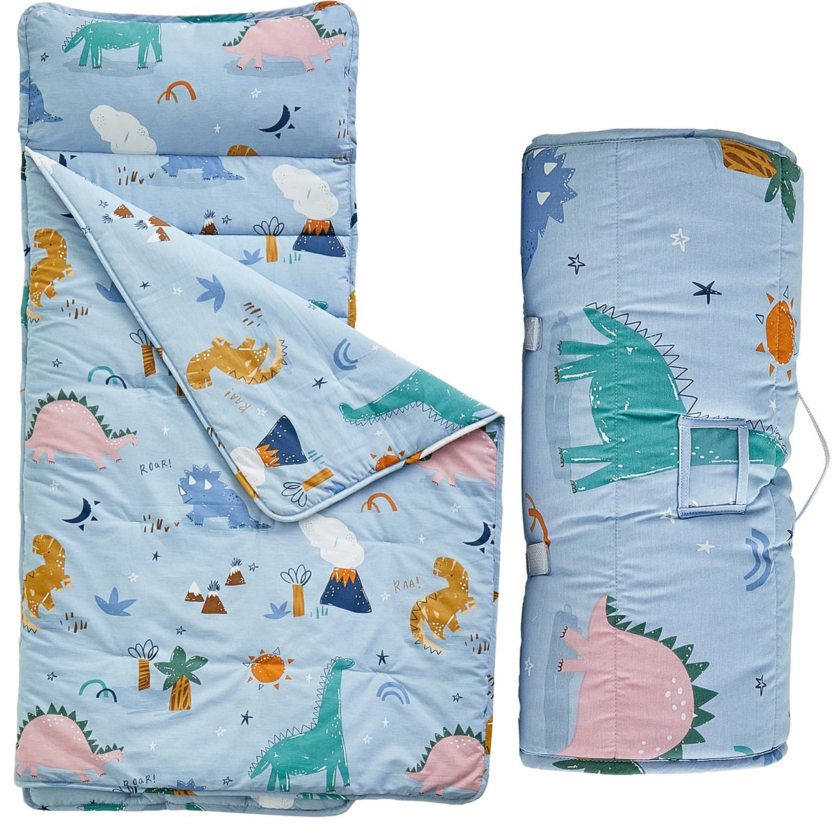 DuShow toddler nap mat dinosaur blue folded for easy storage