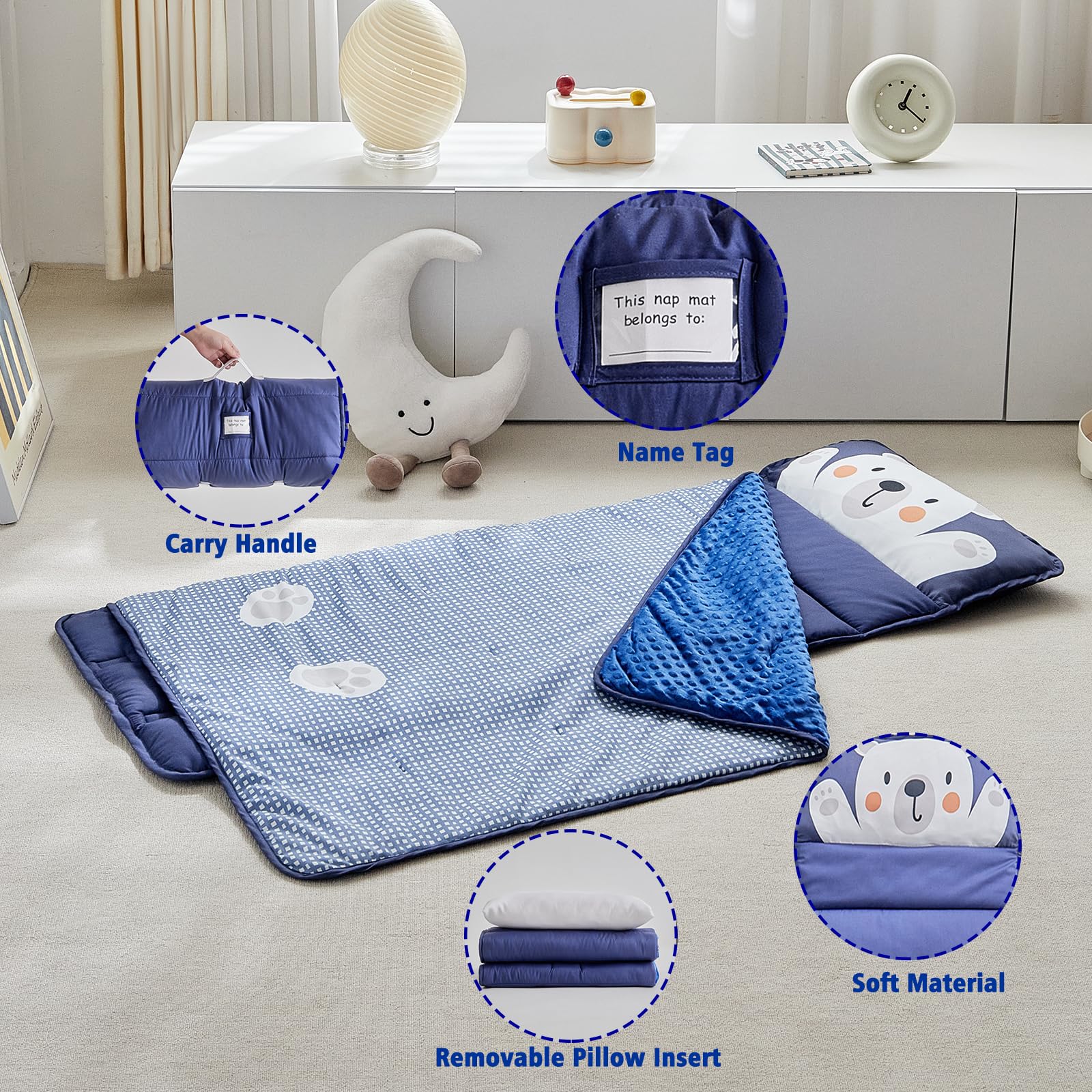DuShow navy bear pattern nap mat creates a cozy, friendly nap space.