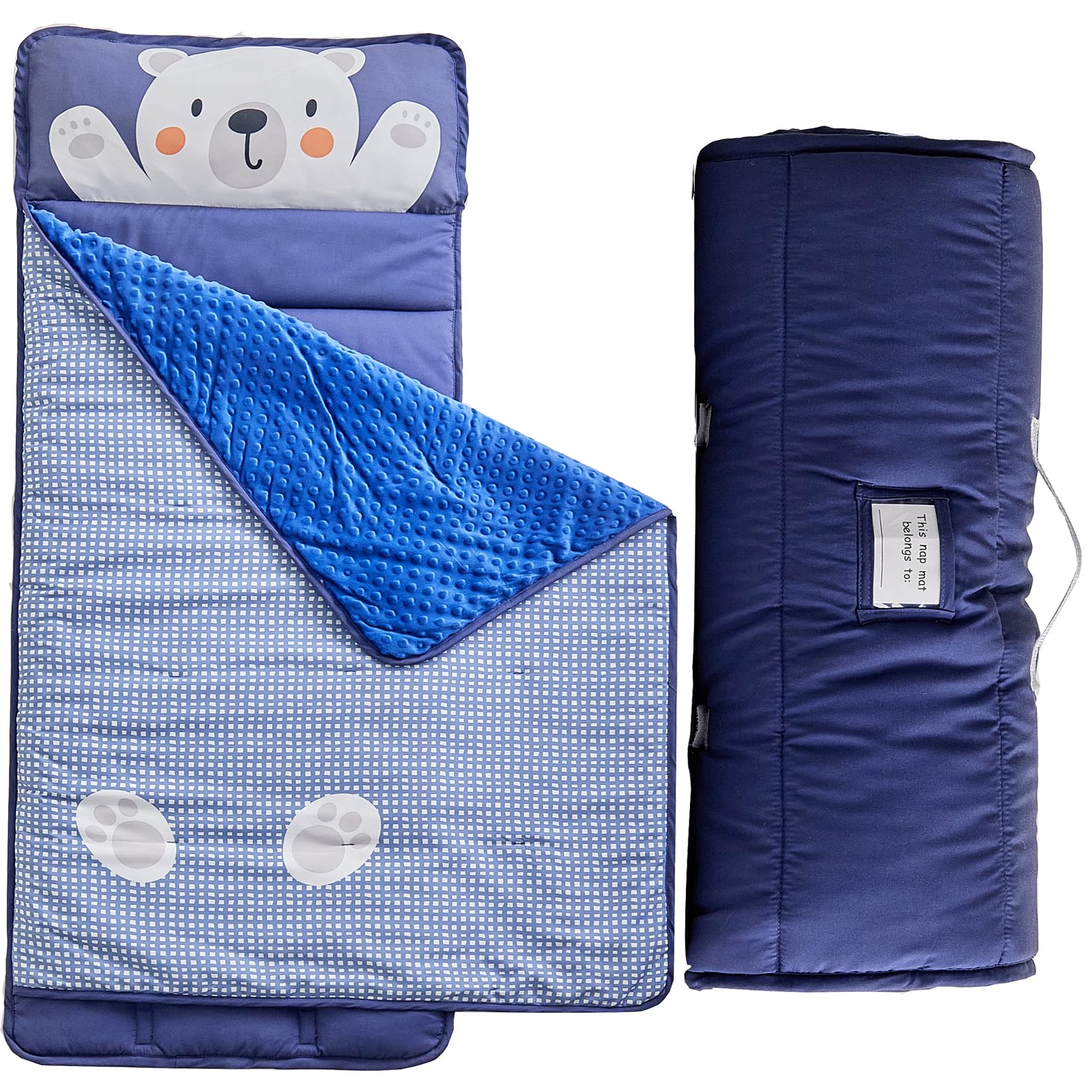 DuShow toddler nap mat rolled up with handle for easy portability and storage.