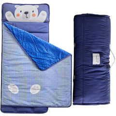 DuShow toddler nap mat rolled up with handle for easy portability and storage.