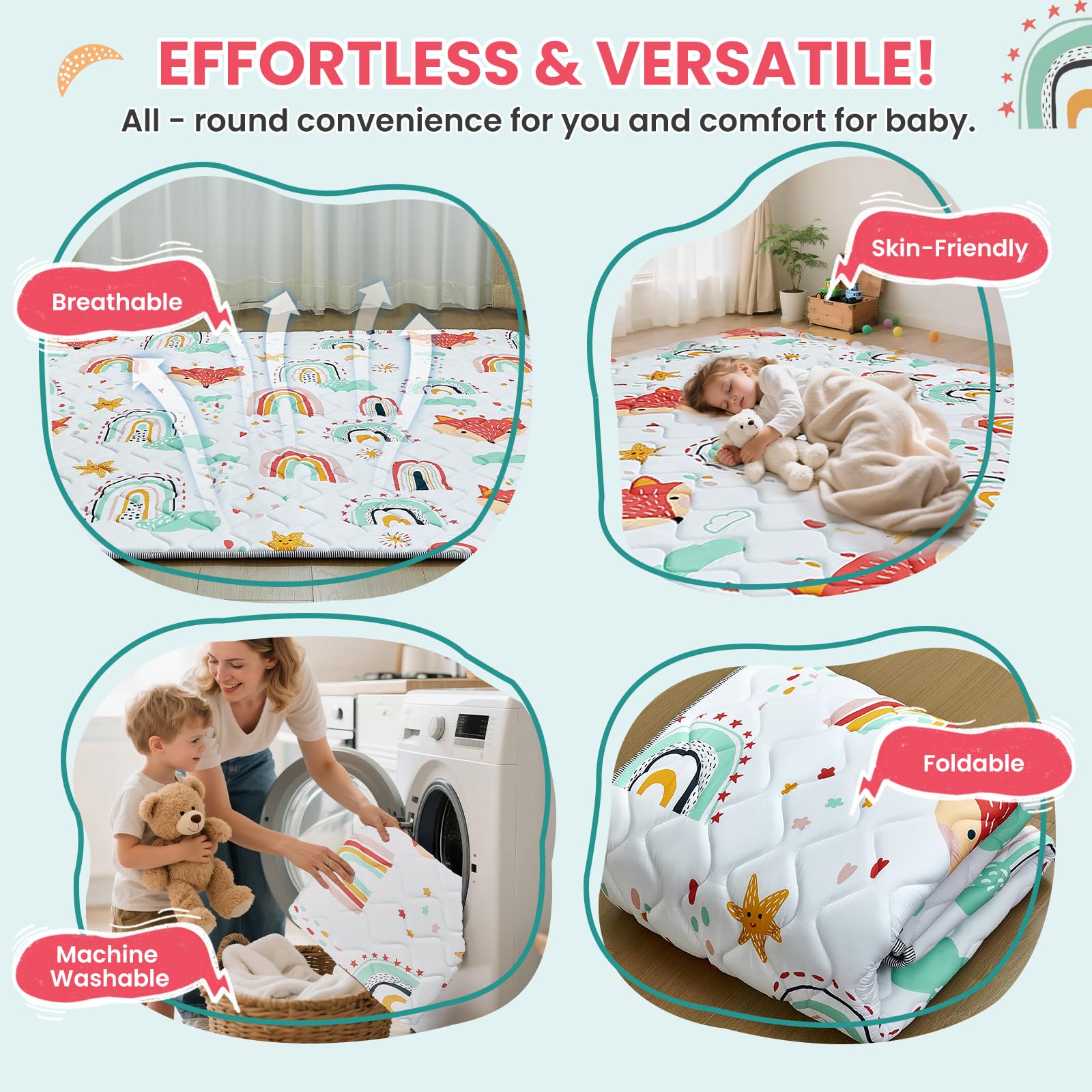 Duwenem Rainbow Fox play mat fits inside a playpen for security.