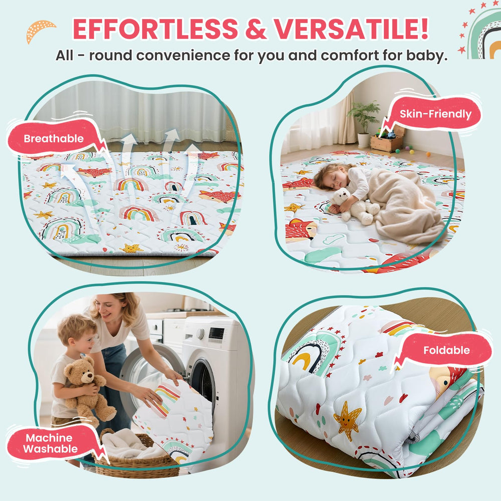 Duwenem Rainbow Fox play mat fits inside a playpen for security.