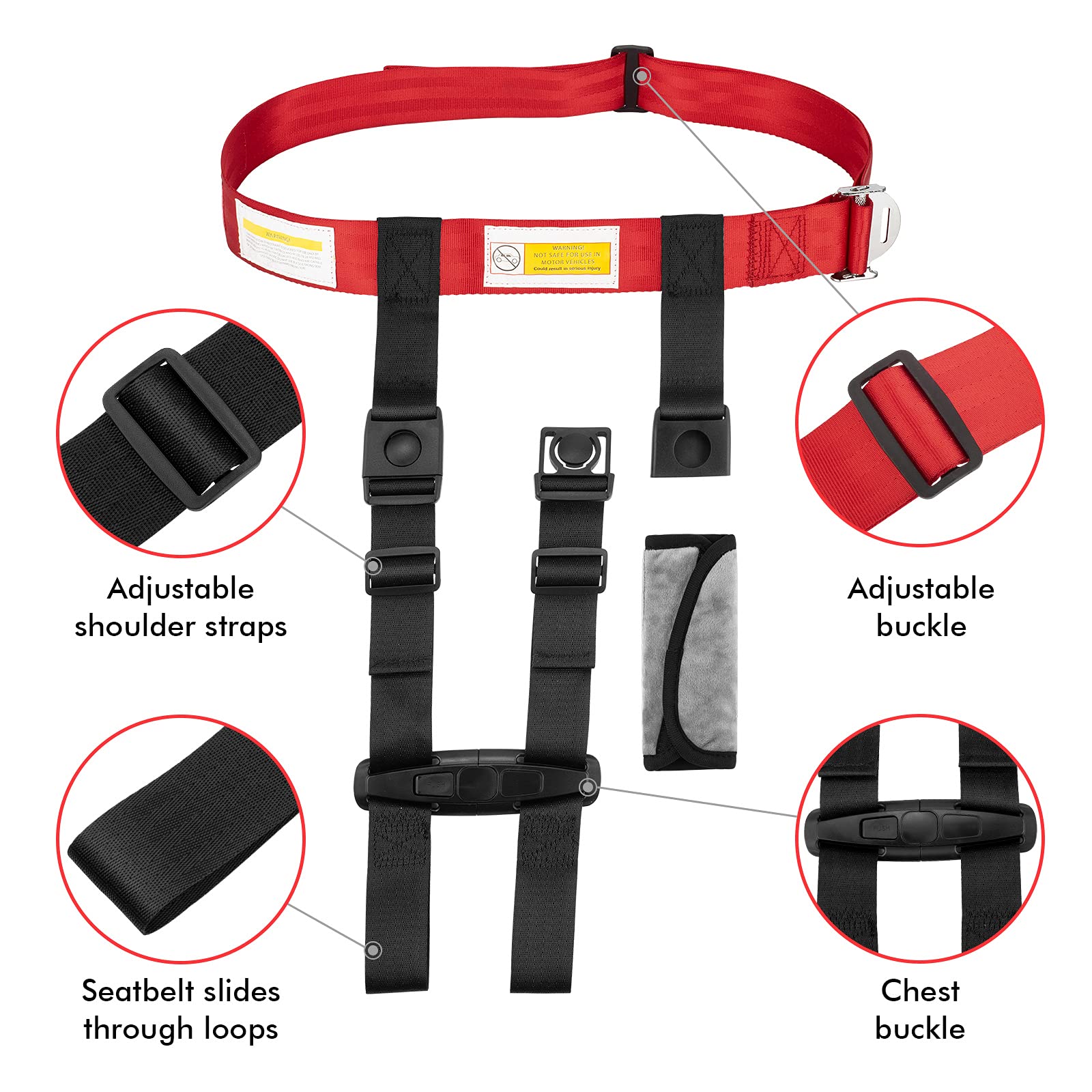 Duythy harness offers adjustable straps to fit most airplane seats.