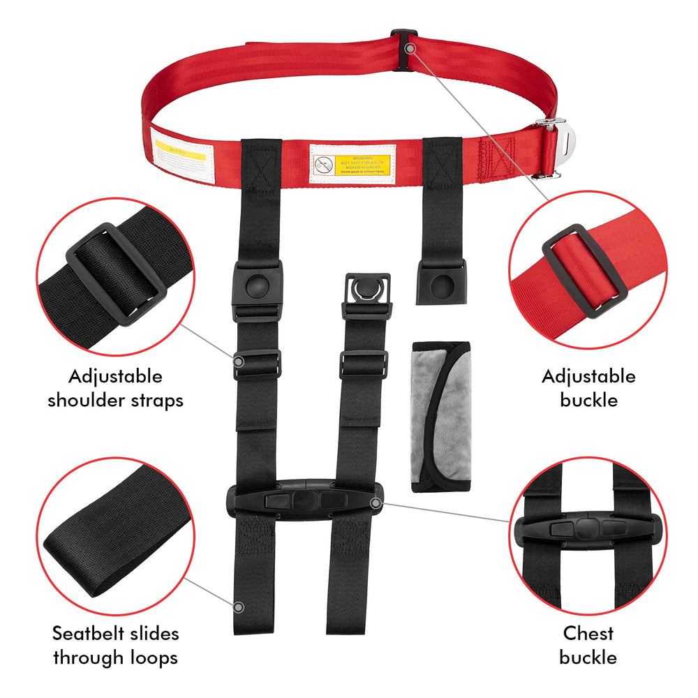 Duythy harness offers adjustable straps to fit most airplane seats.