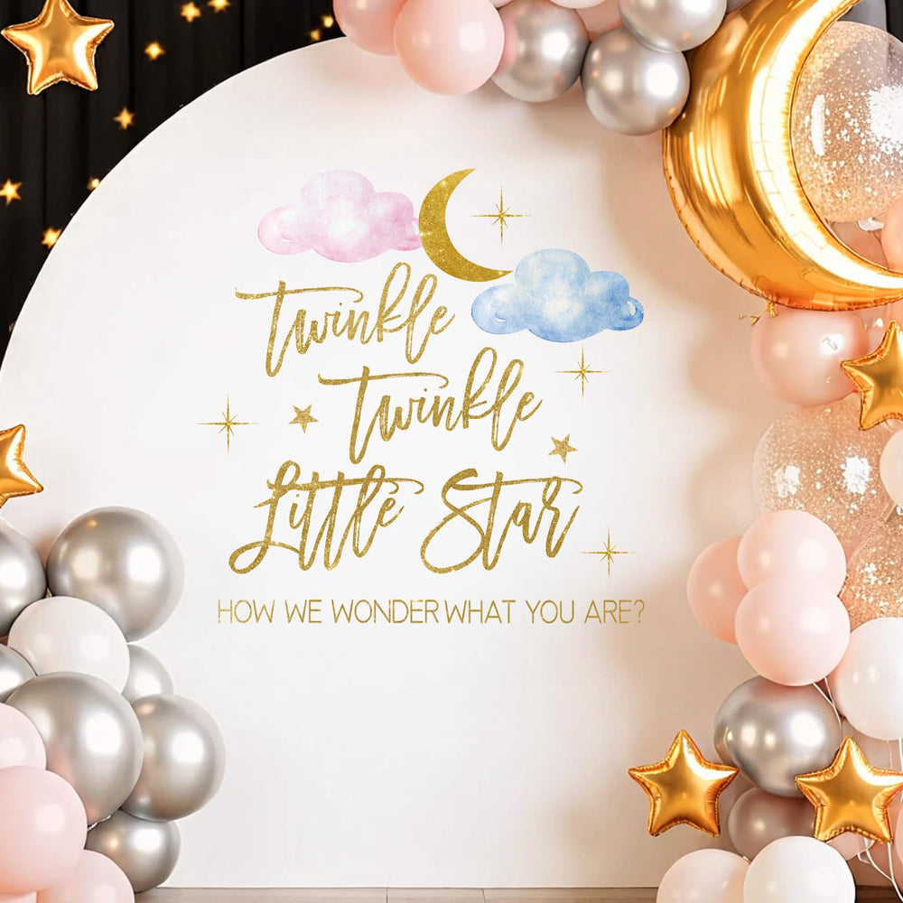 Dvehdbay Twinkle Star baby shower decor complements balloons and arch setup.
