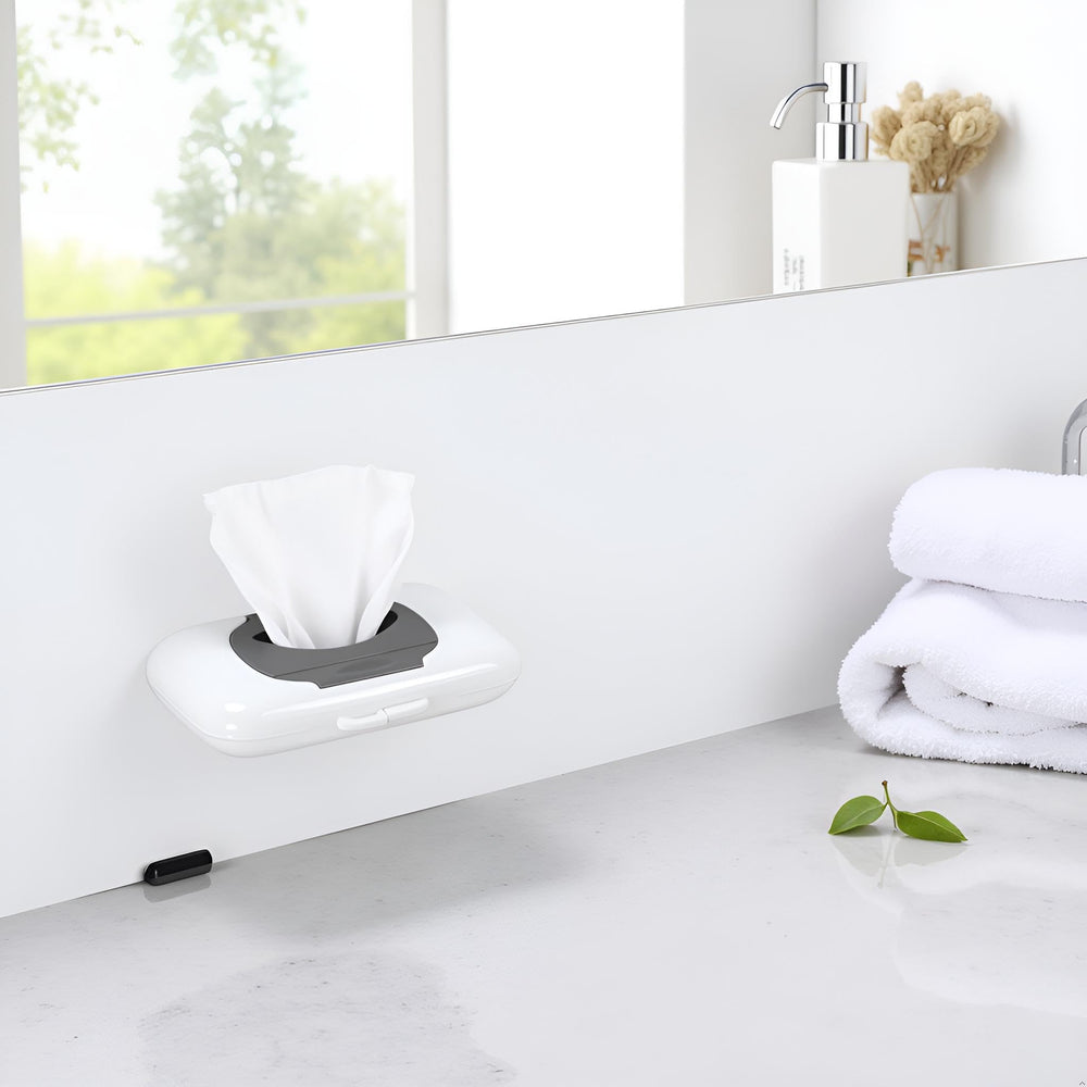 Dwuww travel wipe holder grey-green wipe-dispensing demonstrates quick cleanup