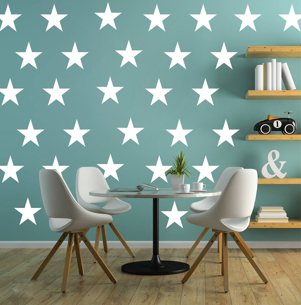DXLING D399 white star wall decals arranged on wall for painted look.