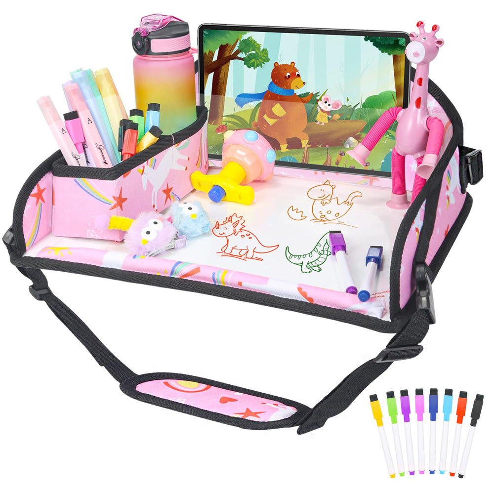 DxTing Kids Travel Tray car-seat setup keeps kids organized and entertained on long car trips.