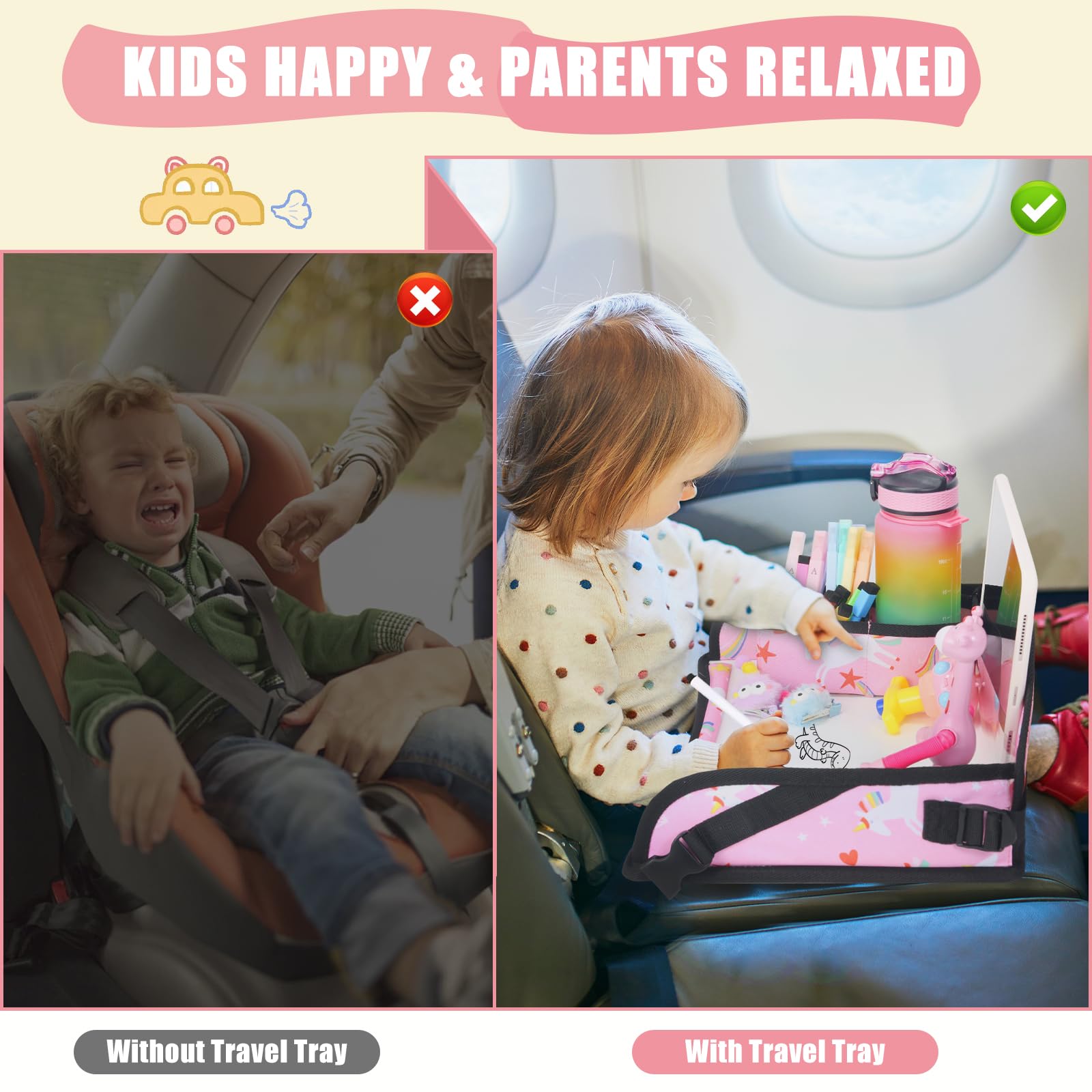 DxTing Kids Travel Tray with adjustable strap helps secure comfort during travel.