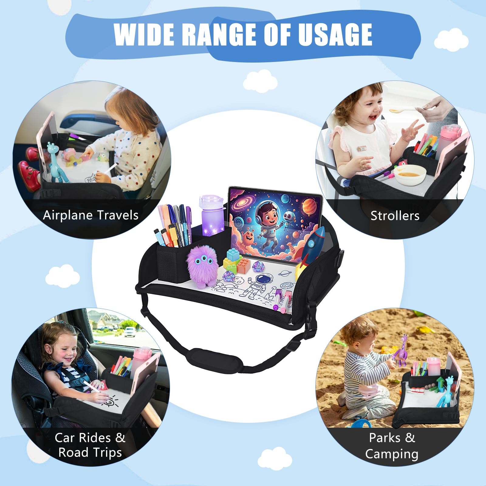 DxTing upgraded travel tray in car-seat setup provides snack and toy space.