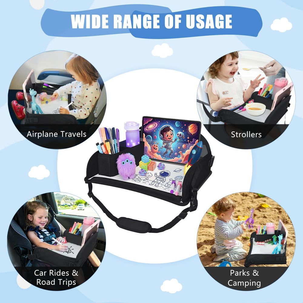DxTing upgraded travel tray in car-seat setup provides snack and toy space.