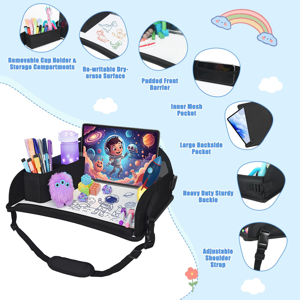 DxTing travel tray divider pockets help organize snacks, pencils, and small toys.