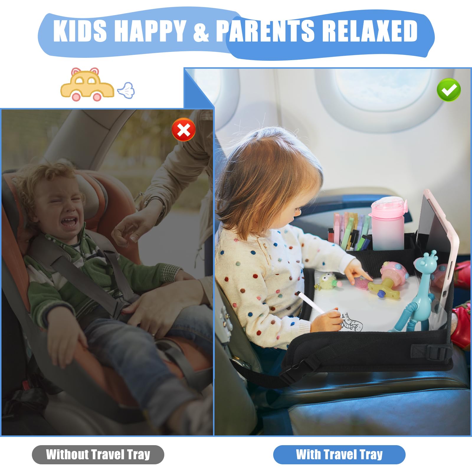 DxTing upgraded travel tray in airplane friendly surface for activities.