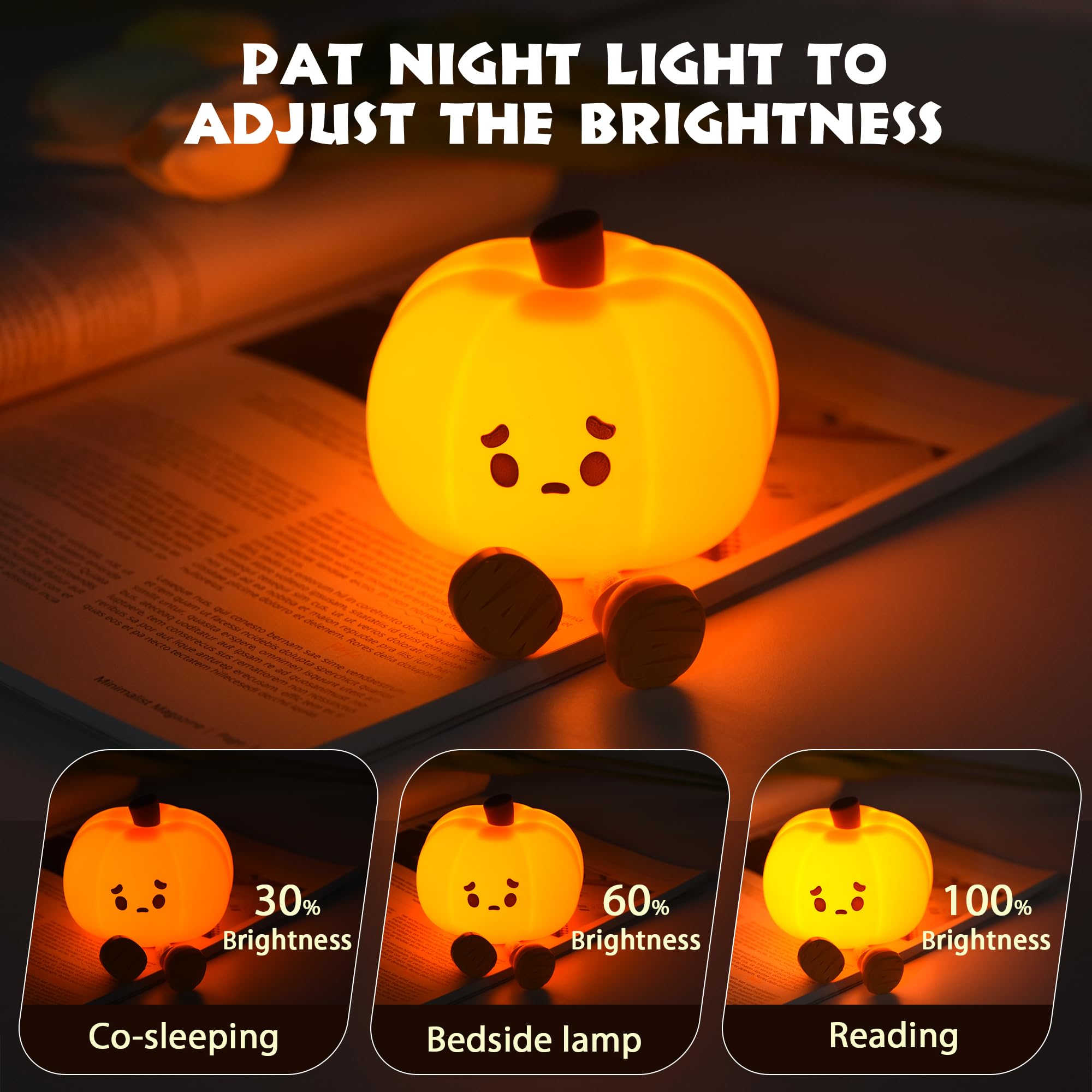 Dylviw Pumpkin Night Light side view provides gentle desk or bedside illumination.