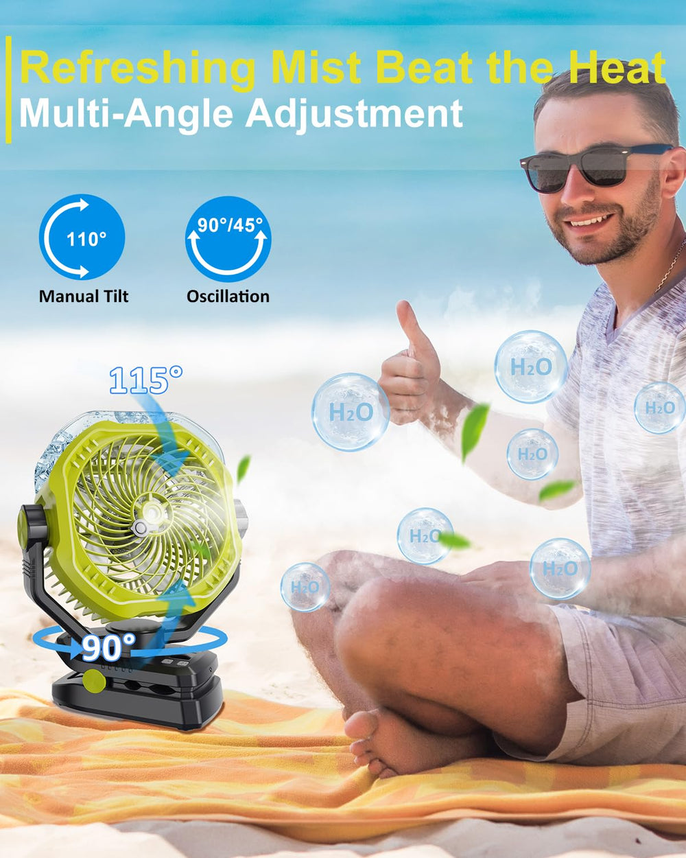 Dymuzic misting fan features 3 LED light levels for ambient lighting.