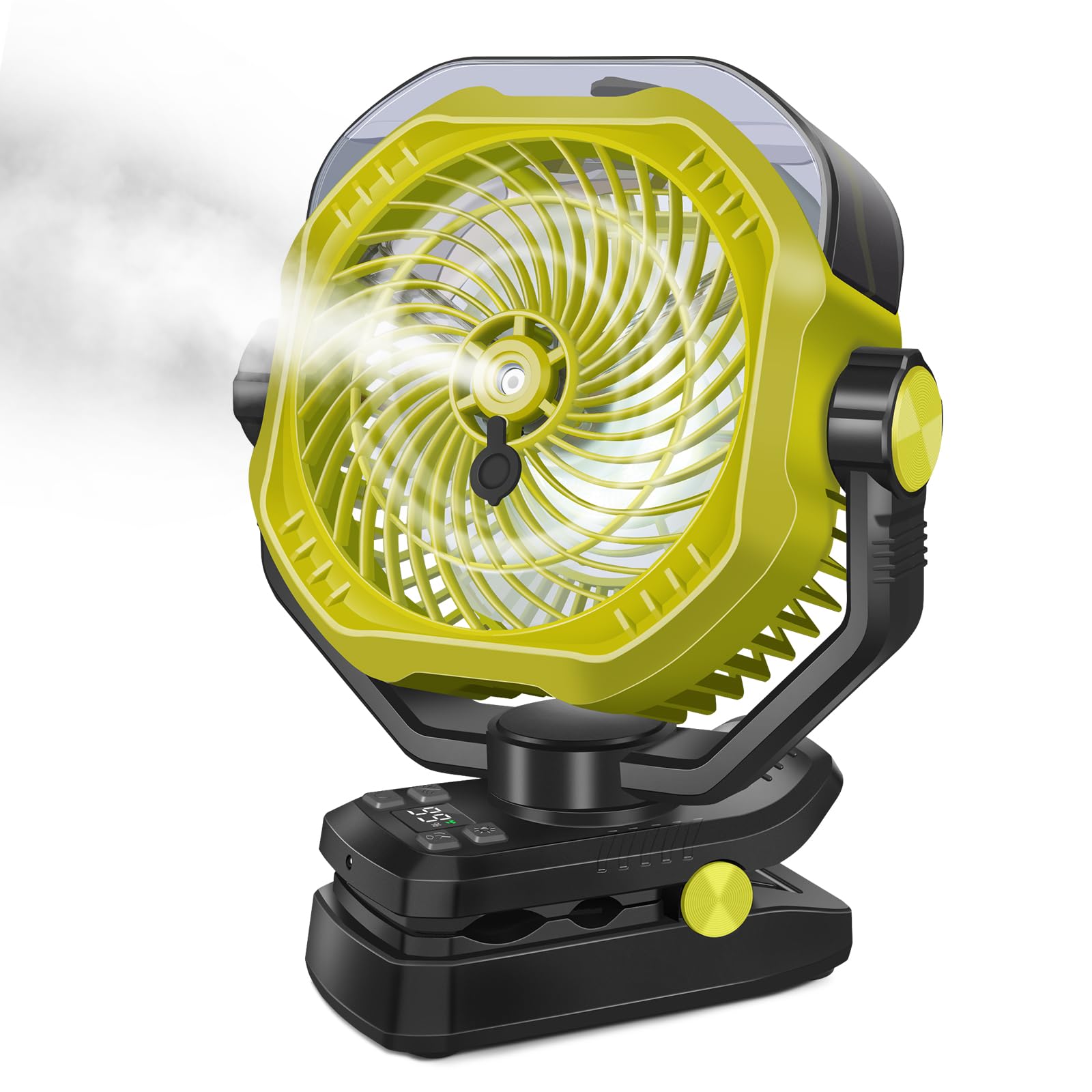 Dymuzic portable misting fan shows 360ml water tank for extended cooling on the go.