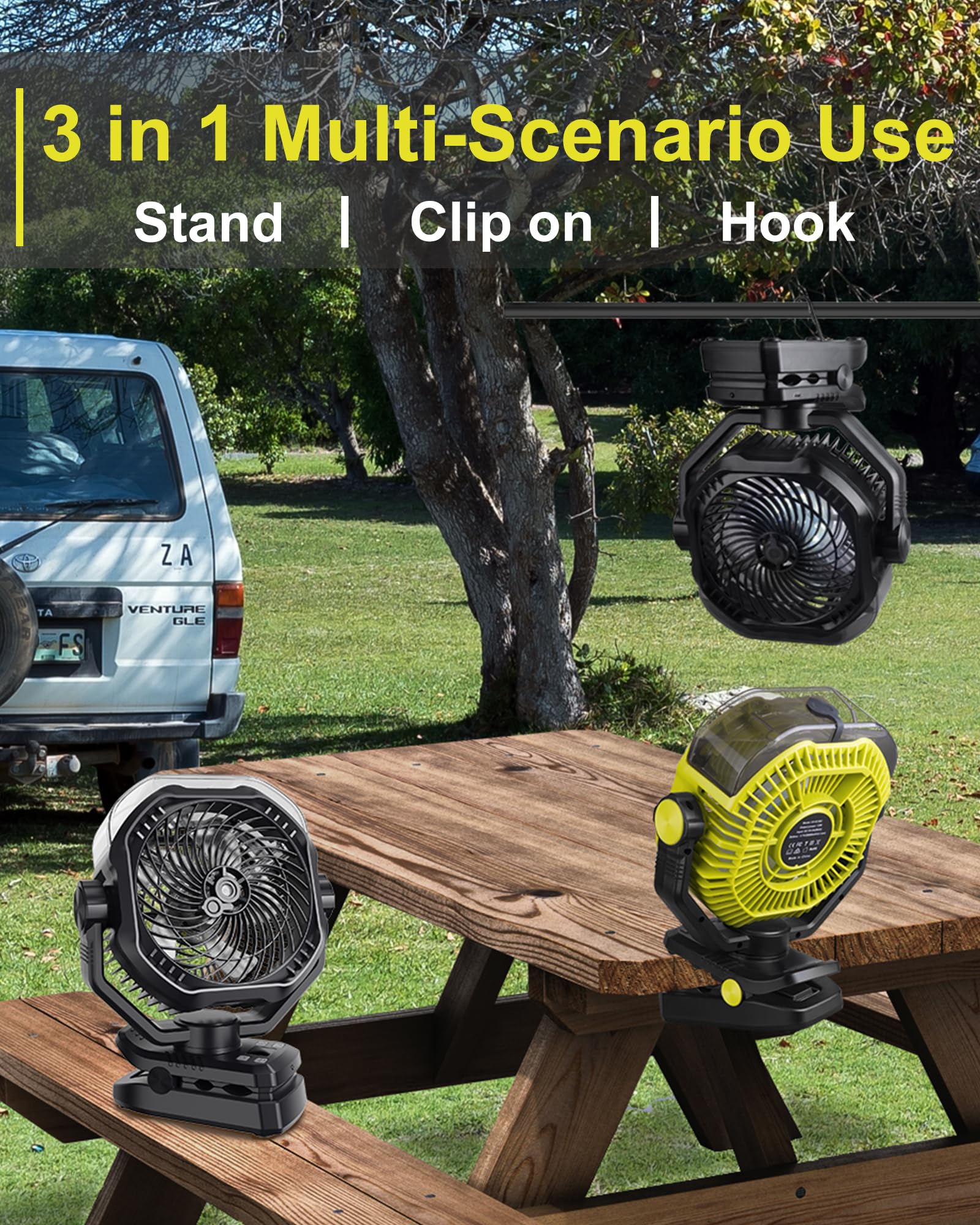 Dymuzic 9-inch misting fan with compact, portable cooling design.