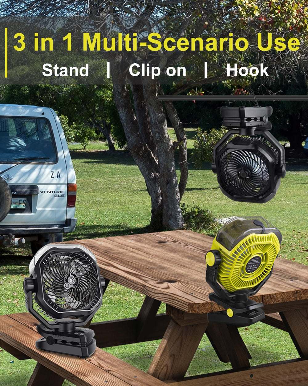Dymuzic 9-inch misting fan with compact, portable cooling design.