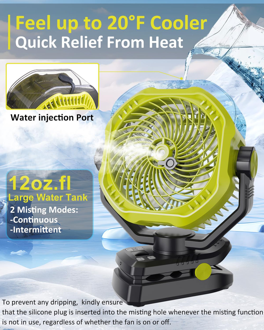 Dymuzic misting fan with battery display helps monitor charge status.