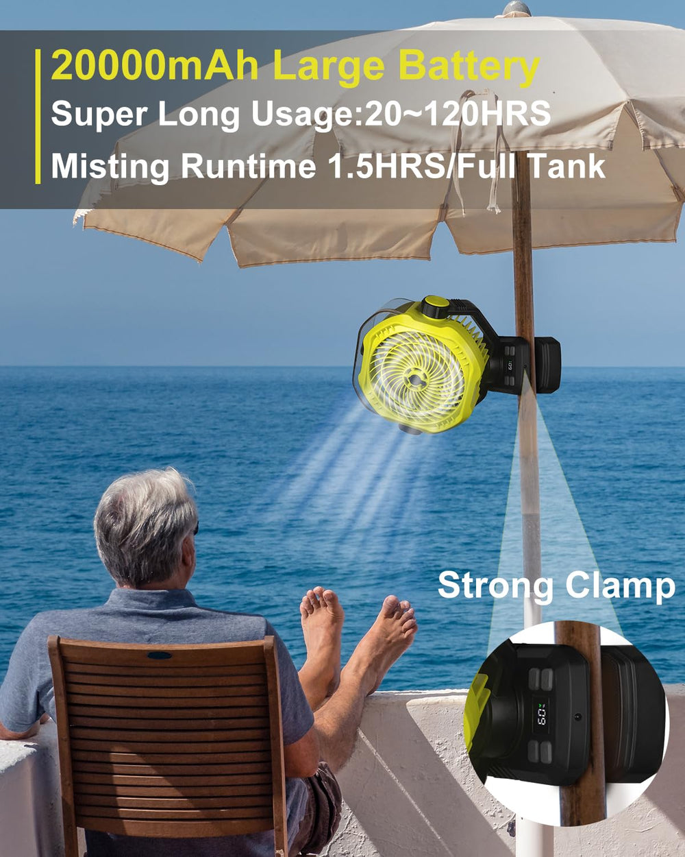 Dymuzic misting fan remote control enables convenient operation from distance.