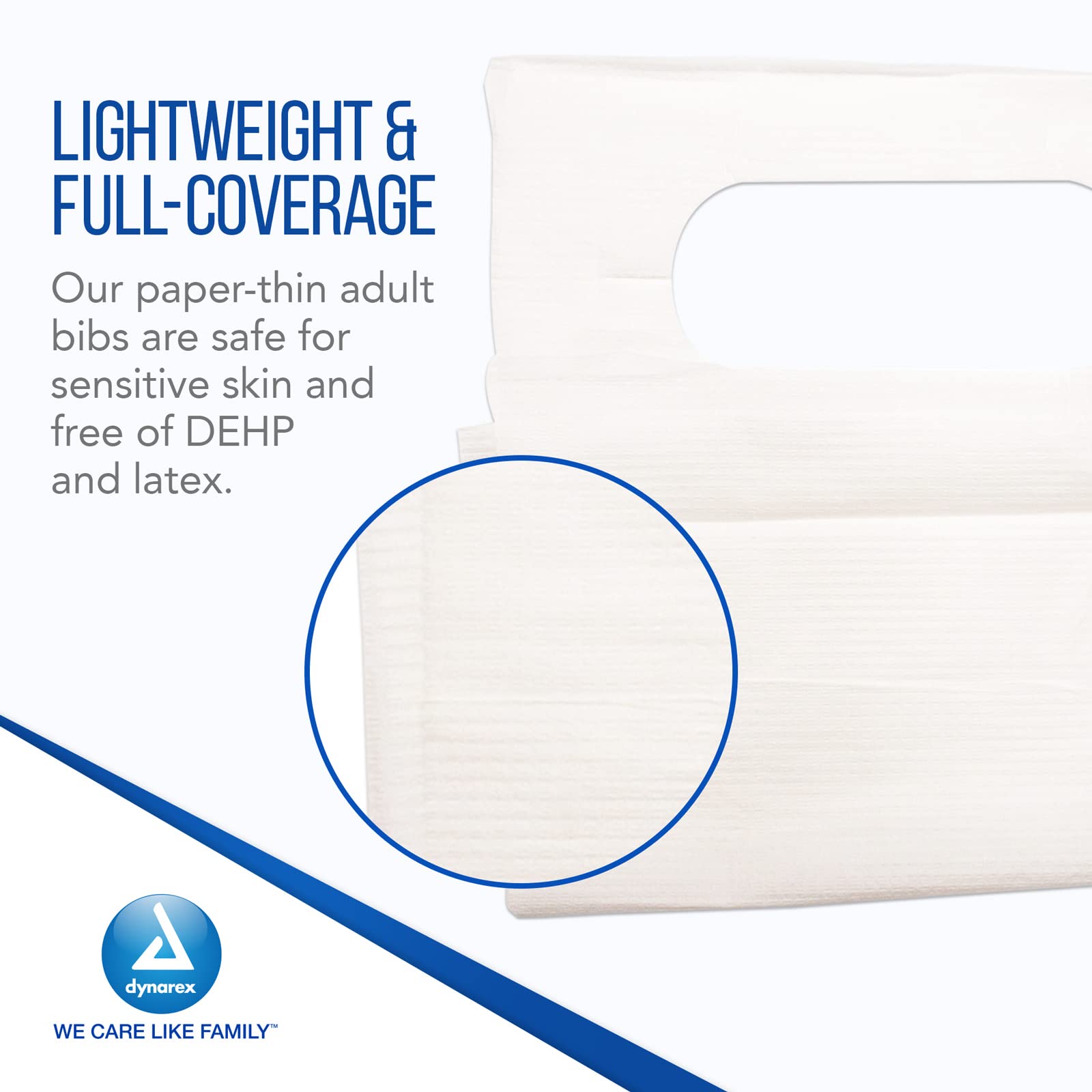 Dynarex 4406 slipover bib closeup material highlights 1-ply tissue and waterproof backing.