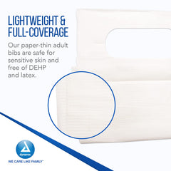 Dynarex 4406 slipover bib closeup material highlights 1-ply tissue and waterproof backing.