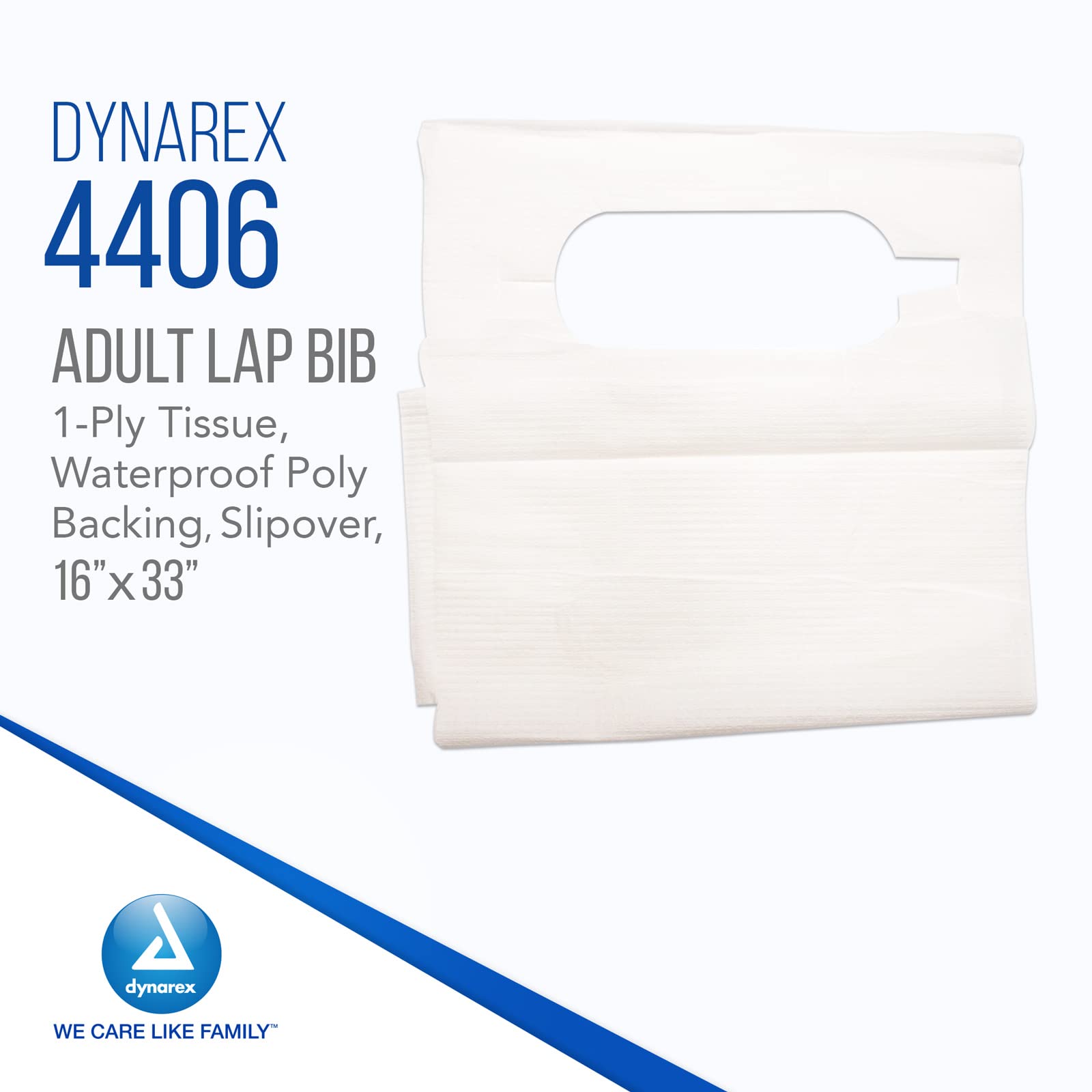 Dynarex 4406 slipover bib side-wearer demonstrates quick over-the-head fit for easy use.