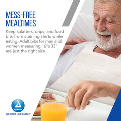 Dynarex 4406 slipover bib waterproof back closeup demonstrates spill-resistance for messy meals.