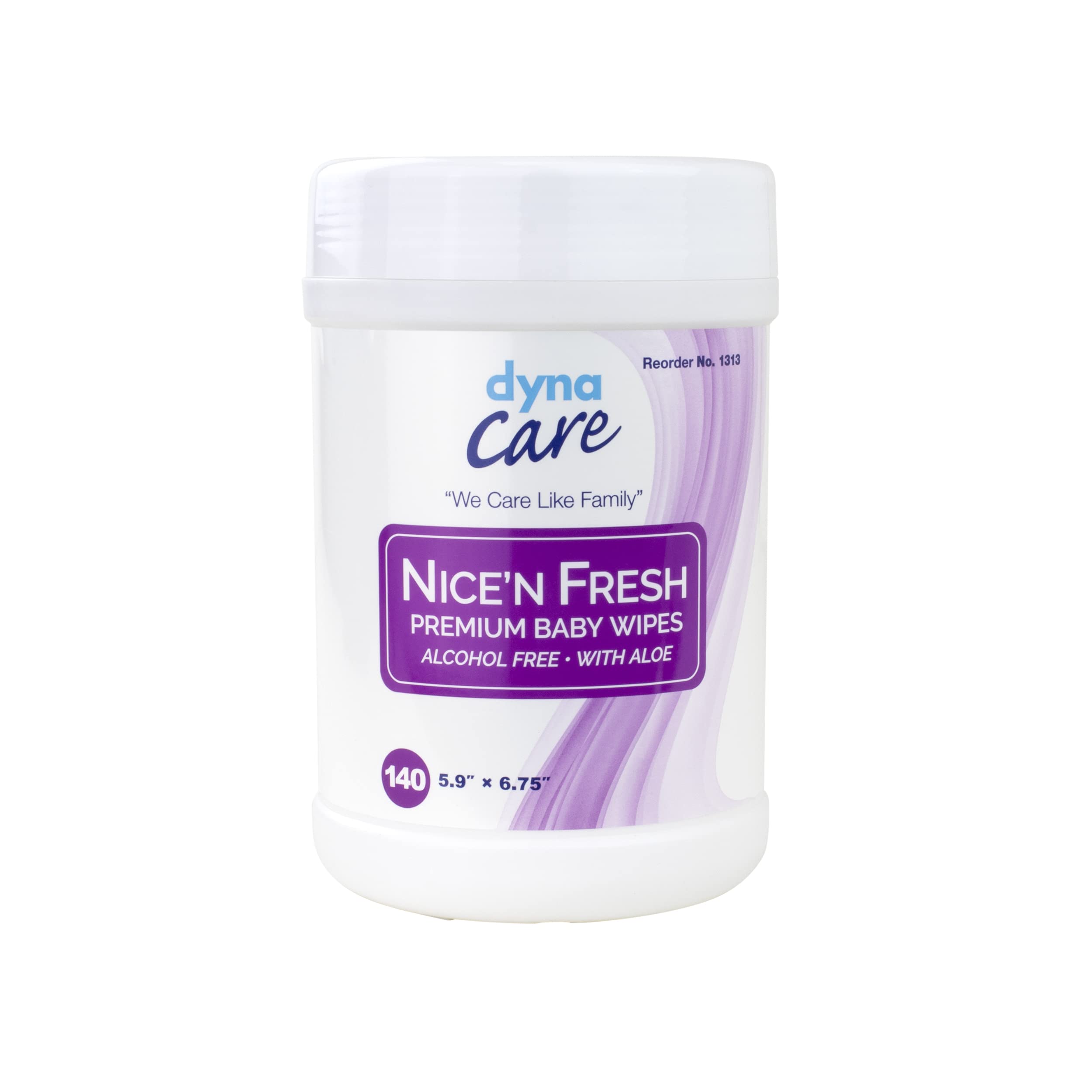 Dynarex Nice'n Fresh baby wipes canister dispensing for easy on-the-go cleaning.