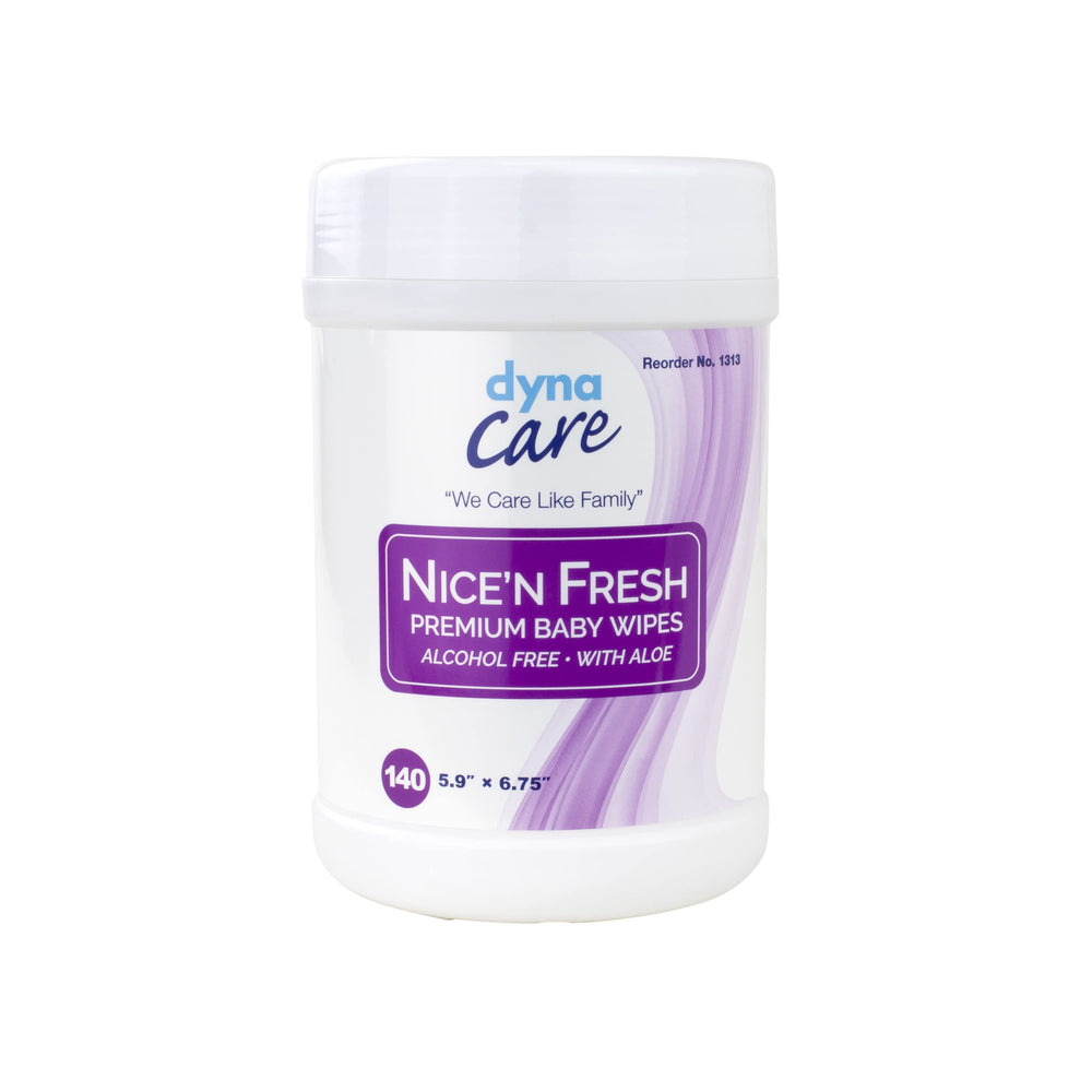 Dynarex Nice'n Fresh baby wipes canister dispensing for easy on-the-go cleaning.