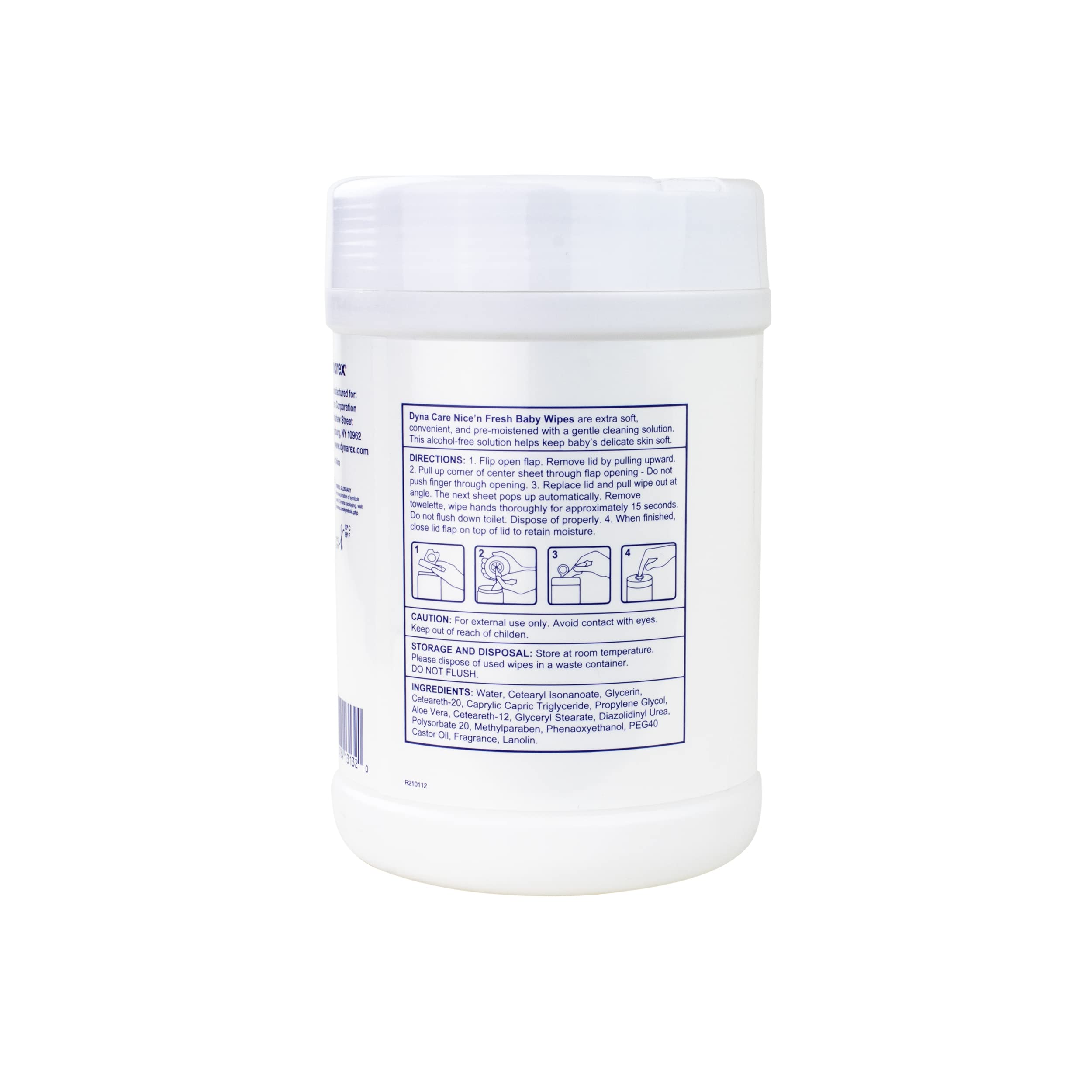 Dynarex Nice'n Fresh wipes close-up shows lanolin and aloe for gentle moisturizing.