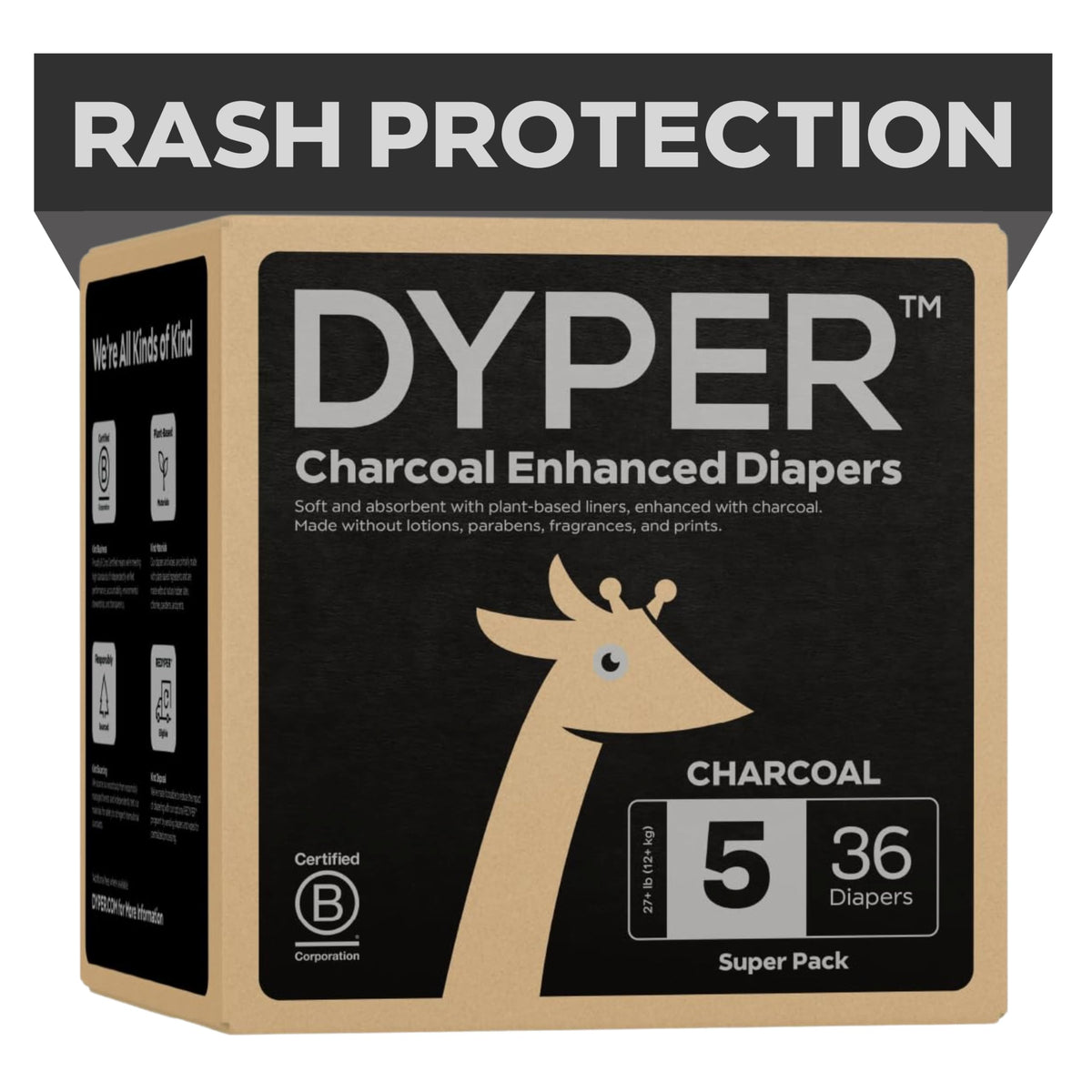 DYPER charcoal day-and-night diapers packaging promoting odor control and easy use.