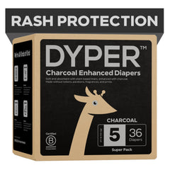 DYPER charcoal day-and-night diapers packaging promoting odor control and easy use.