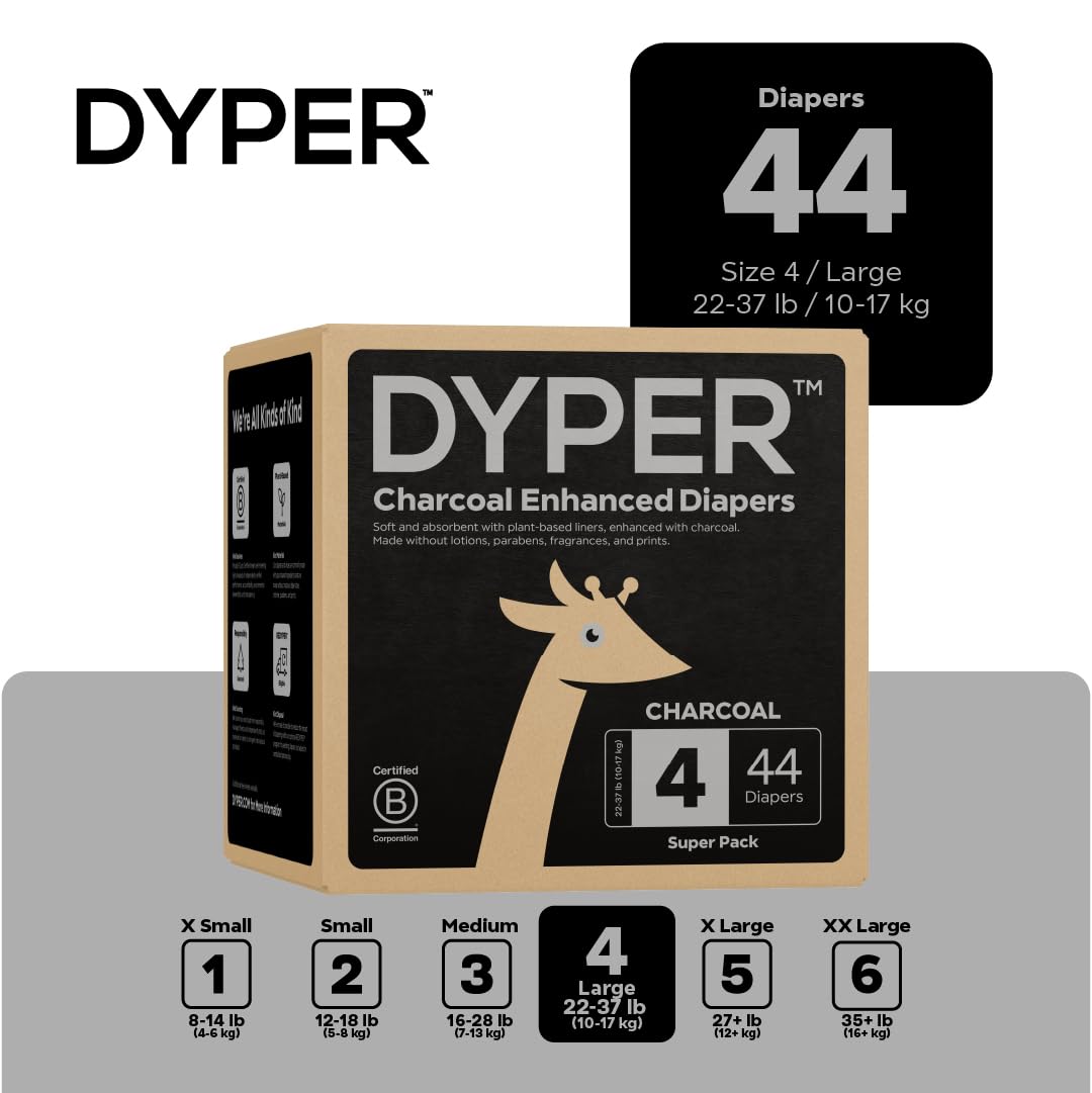 DYPER charcoal diapers close-up shows absorbent core and leak protection.