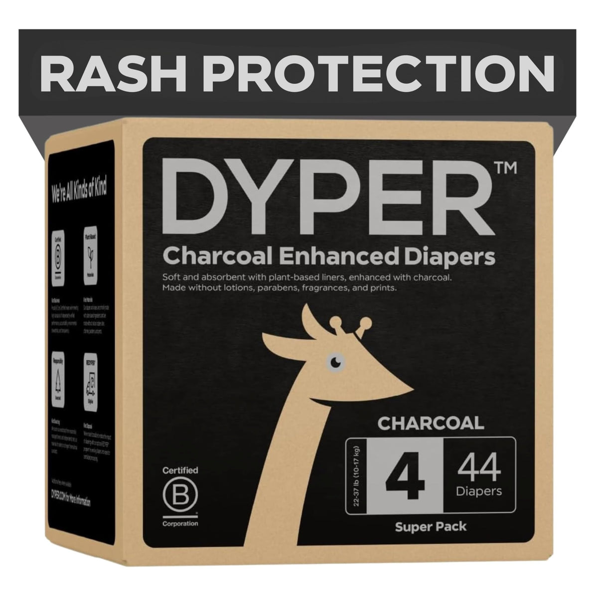 DYPER packaging highlights plant-based, chlorine-free materials for gentle daily use.
