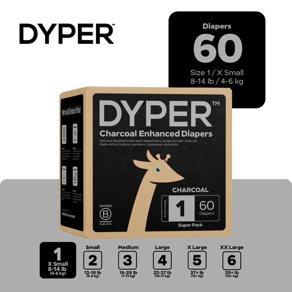 DYPER Charcoal Enhanced Diapers closeup reveals absorbent core and secure fit.