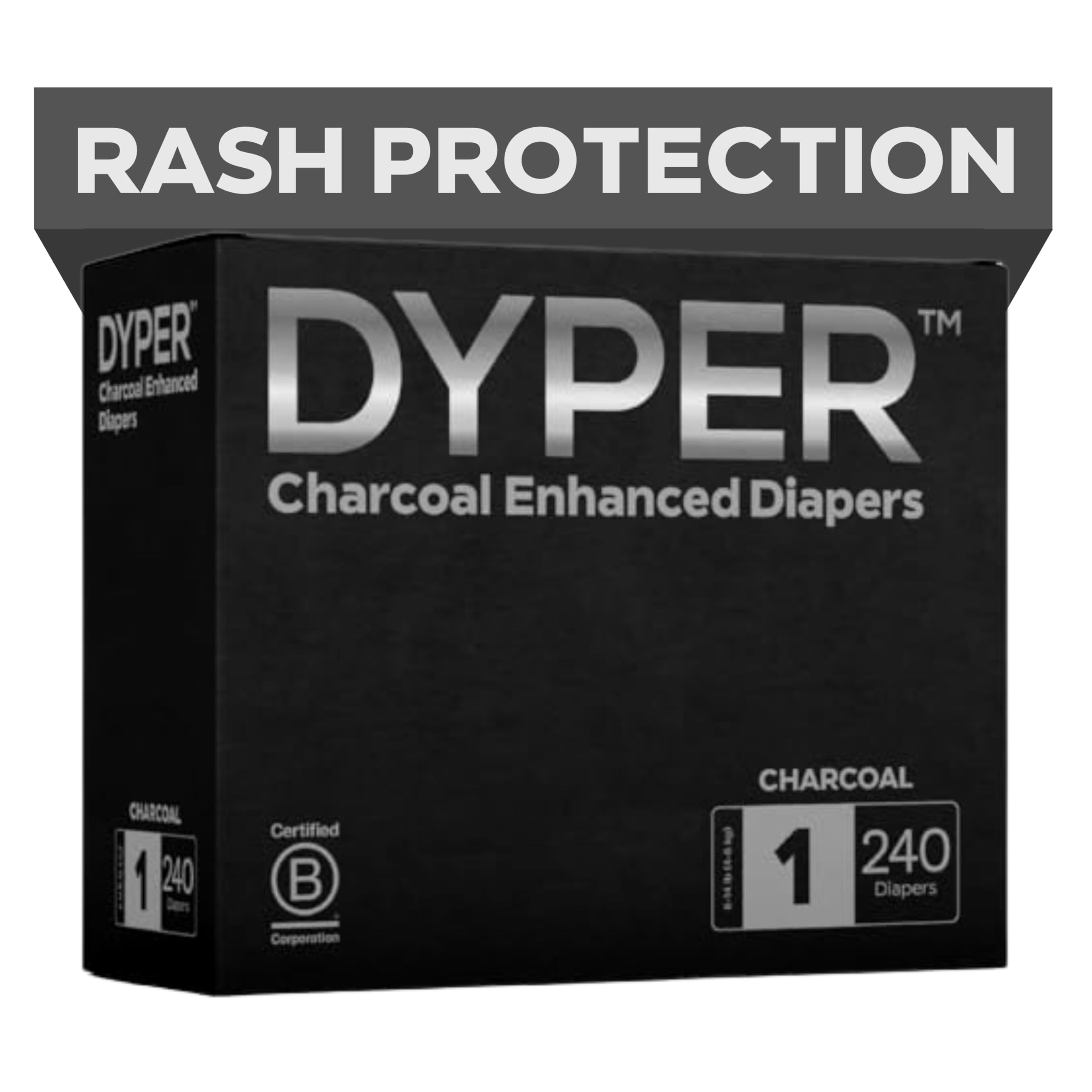 DYPER charcoal-enhanced diapers pack showing odor control for everyday use