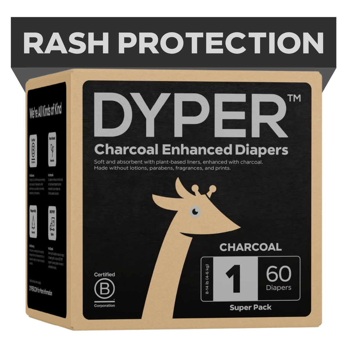 DYPER Charcoal Enhanced Diapers packaging shows eco-friendly design with odor control.
