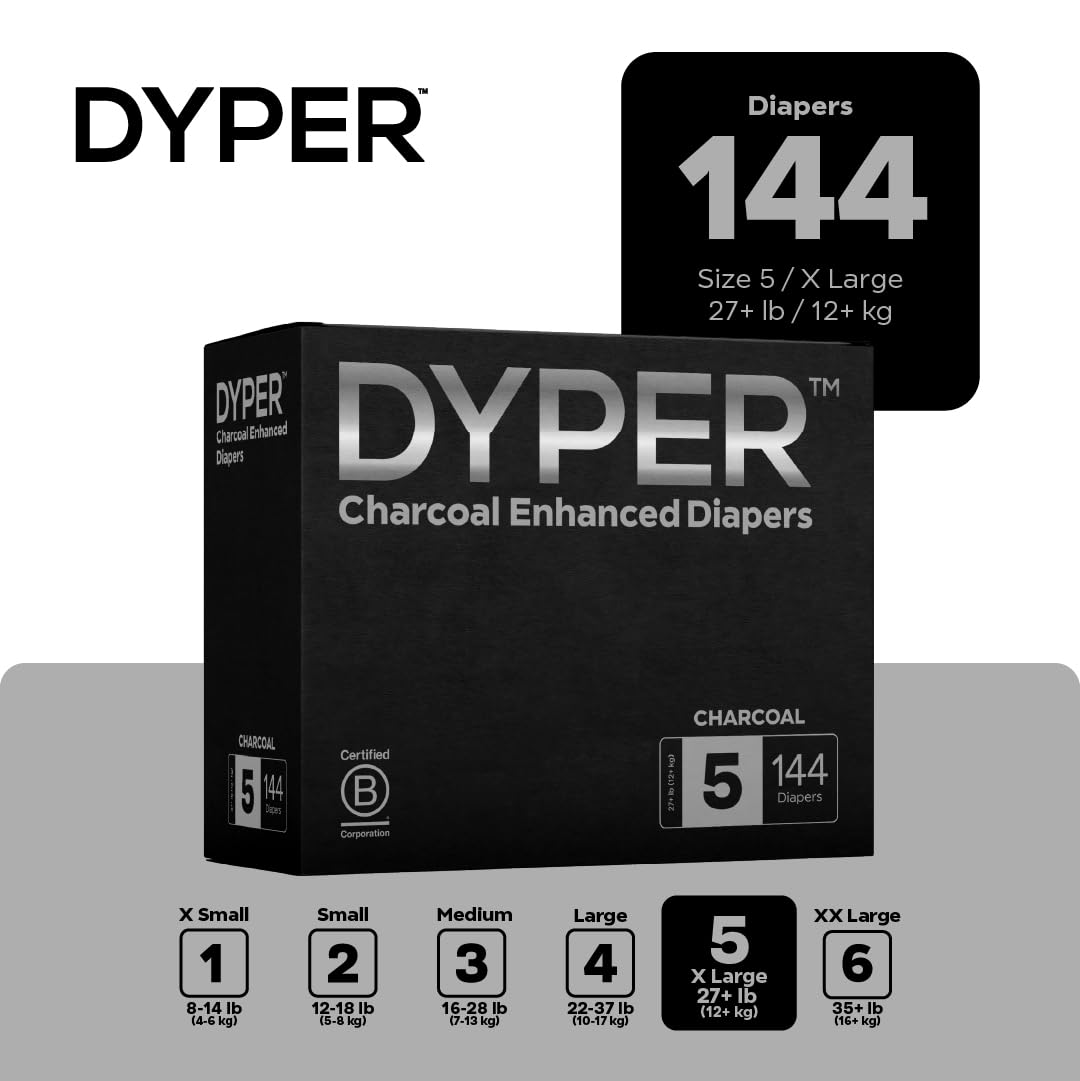 DYPER charcoal diapers showing odor-control feature for fresh wear.
