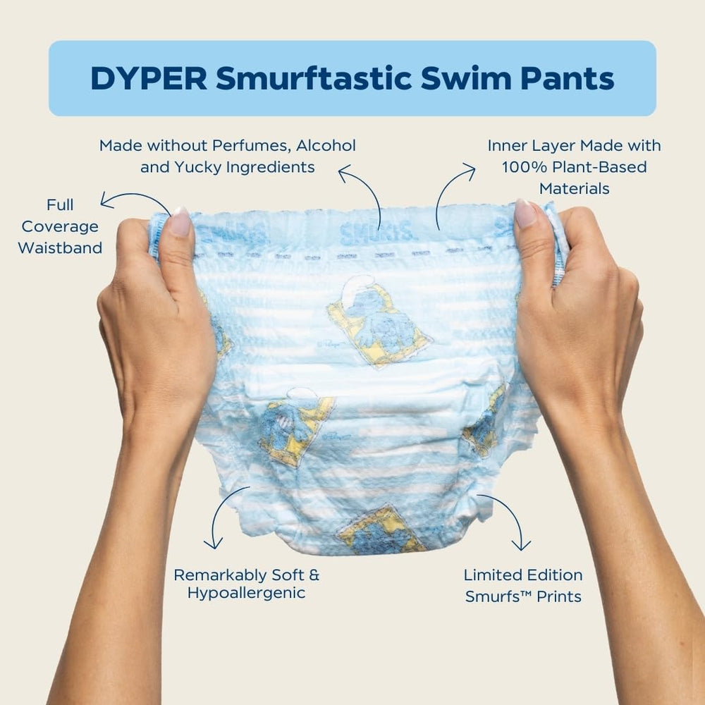 DYPER Smurftastic quick-dry outer layer keeps baby comfortable after splashes.