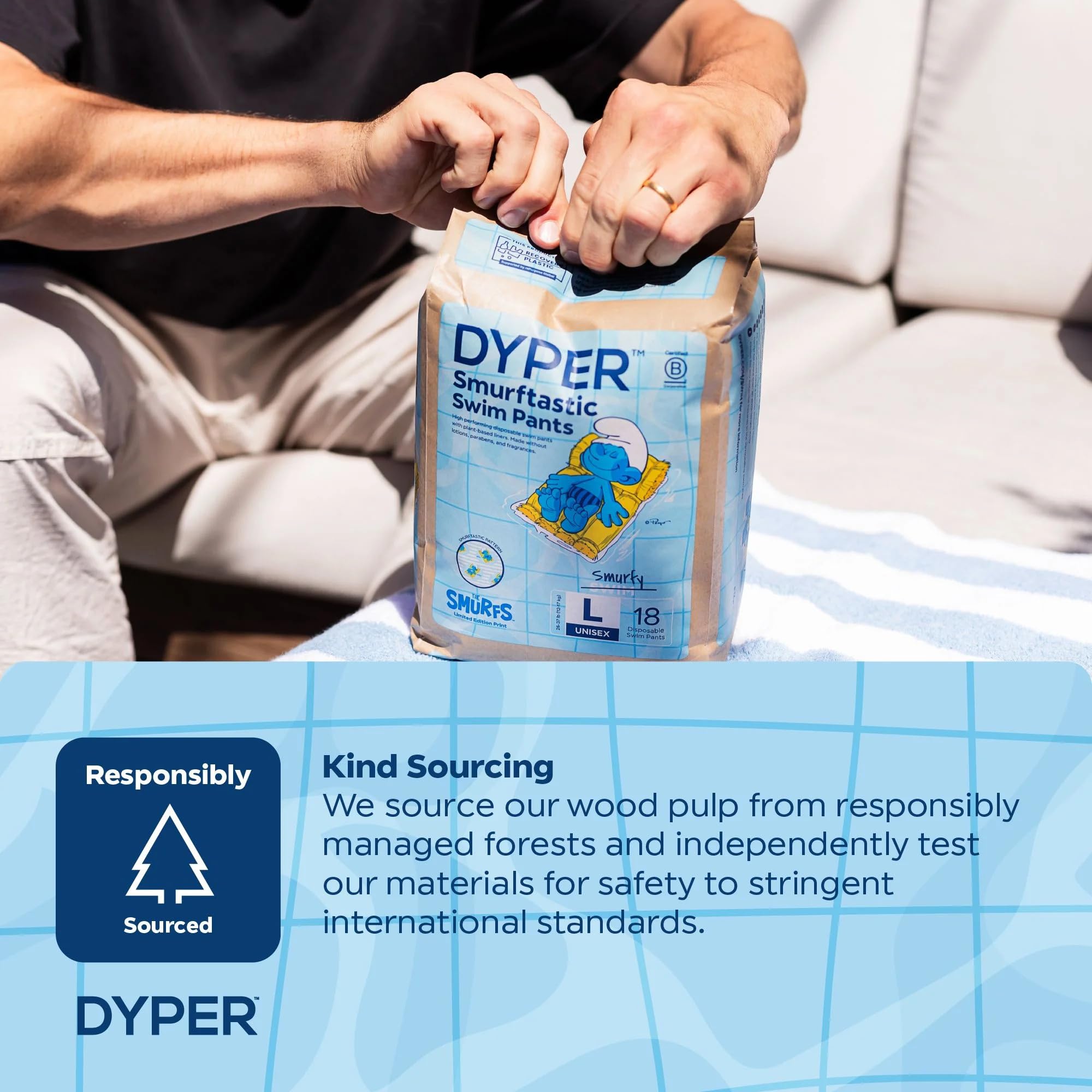 DYPER Smurftastic ideal for pool and beach water activities with absorbent design.