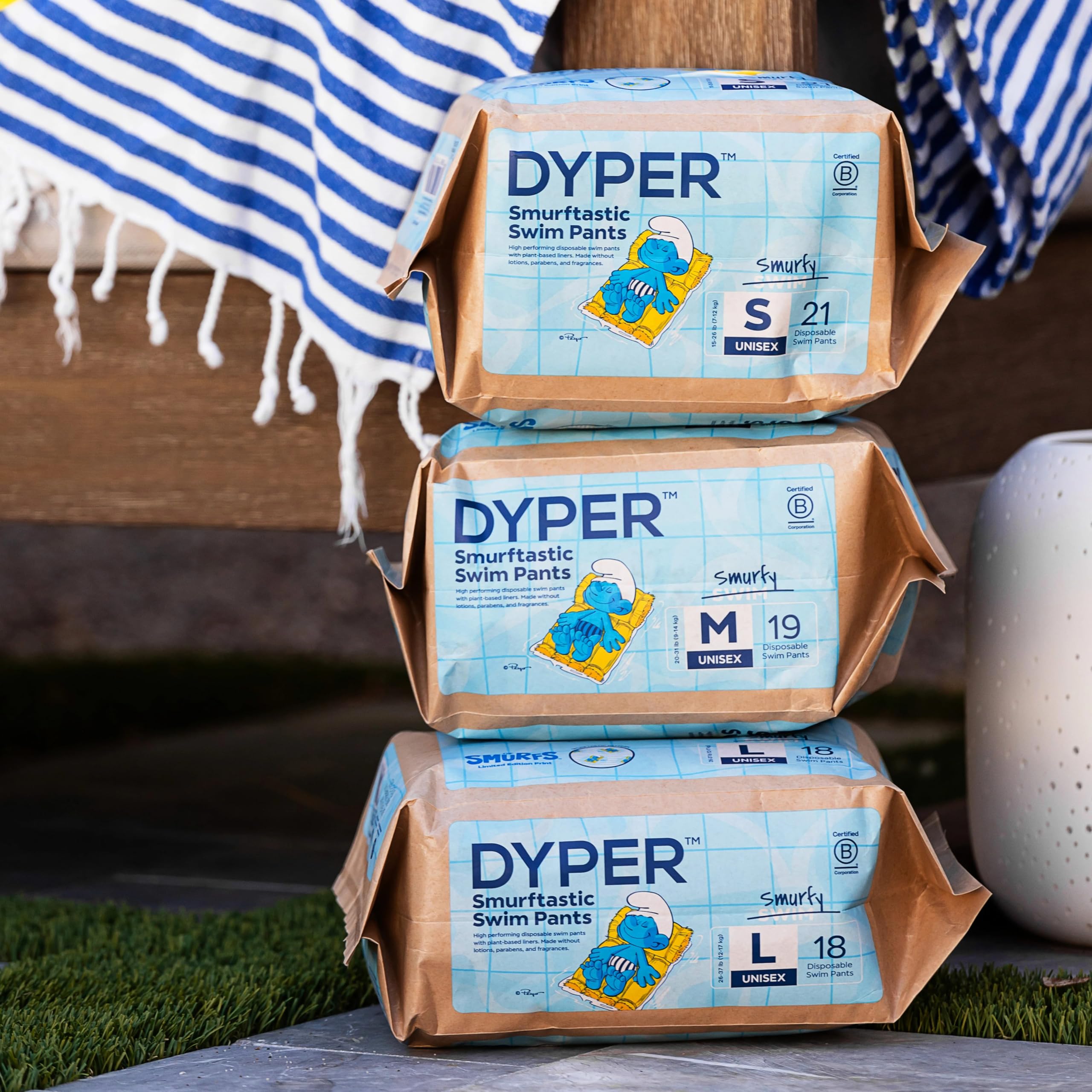 DYPER Smurftastic swim diapers display playful character prints for fun water days and smiles.