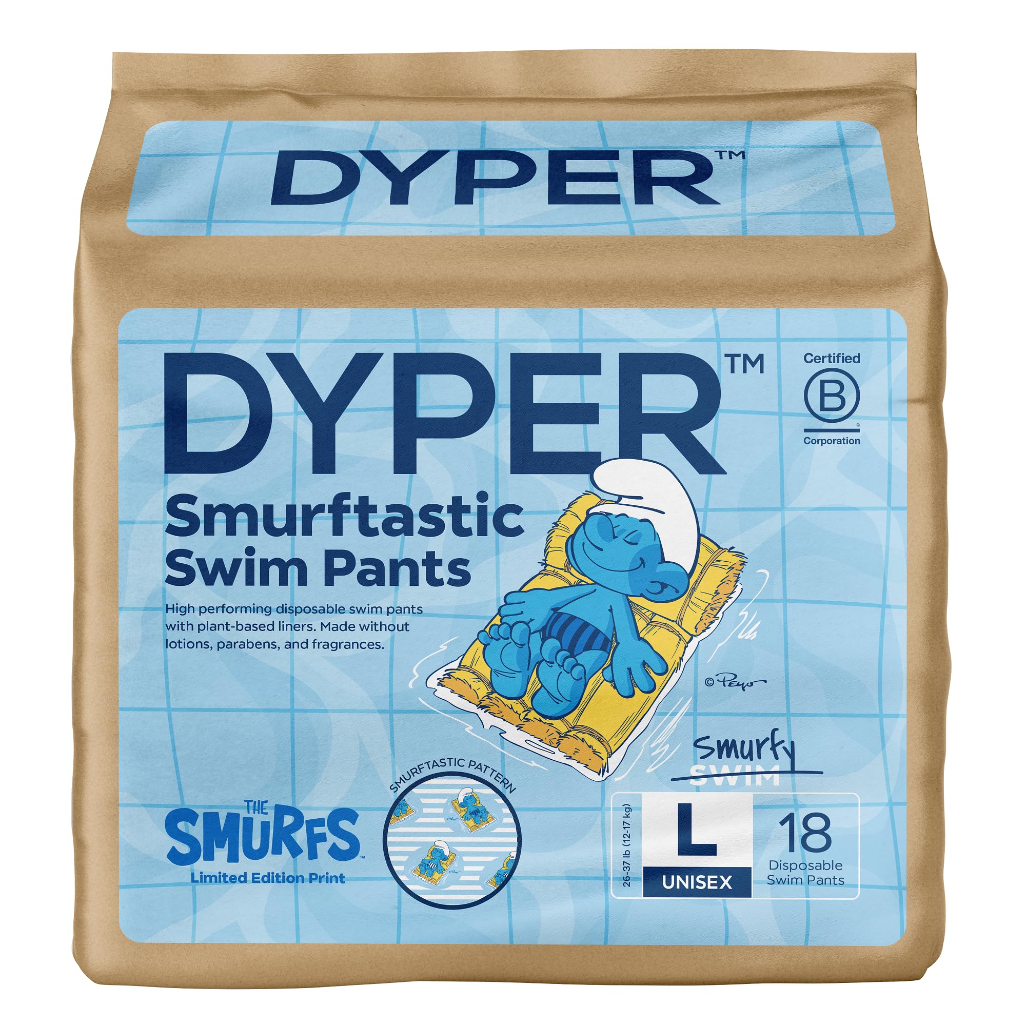 DYPER Smurftastic swim diapers shown in a front-pack shot for reliable leak protection.