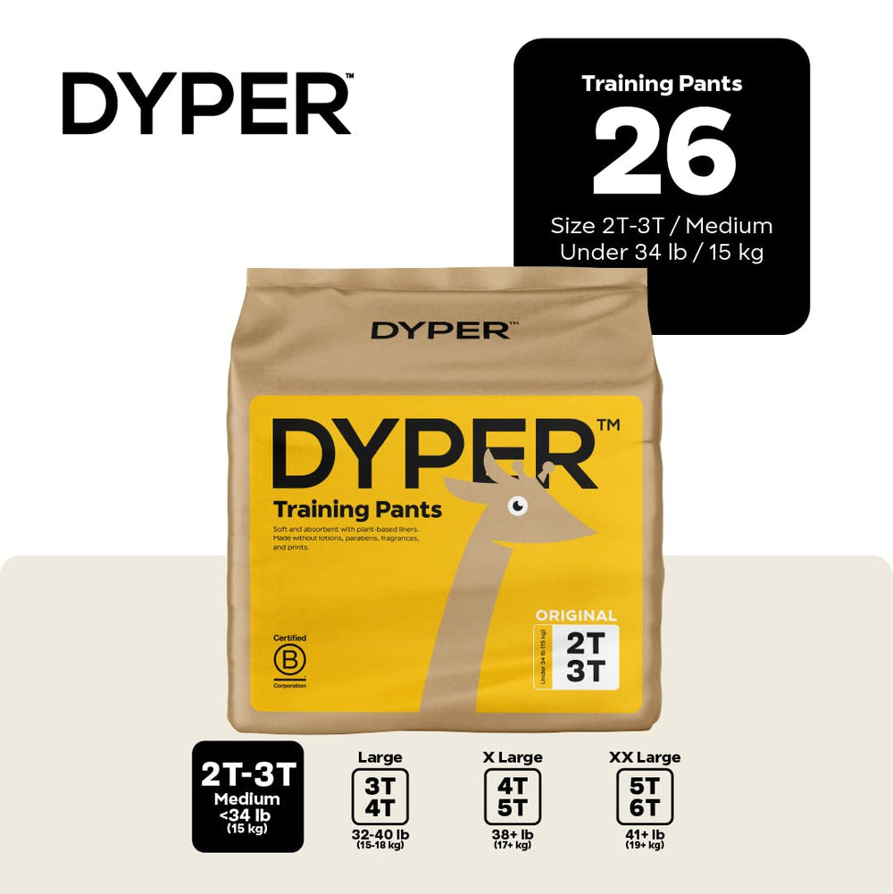 DYPER training pants pull-up fit demonstrates easy on/off for busy mornings.