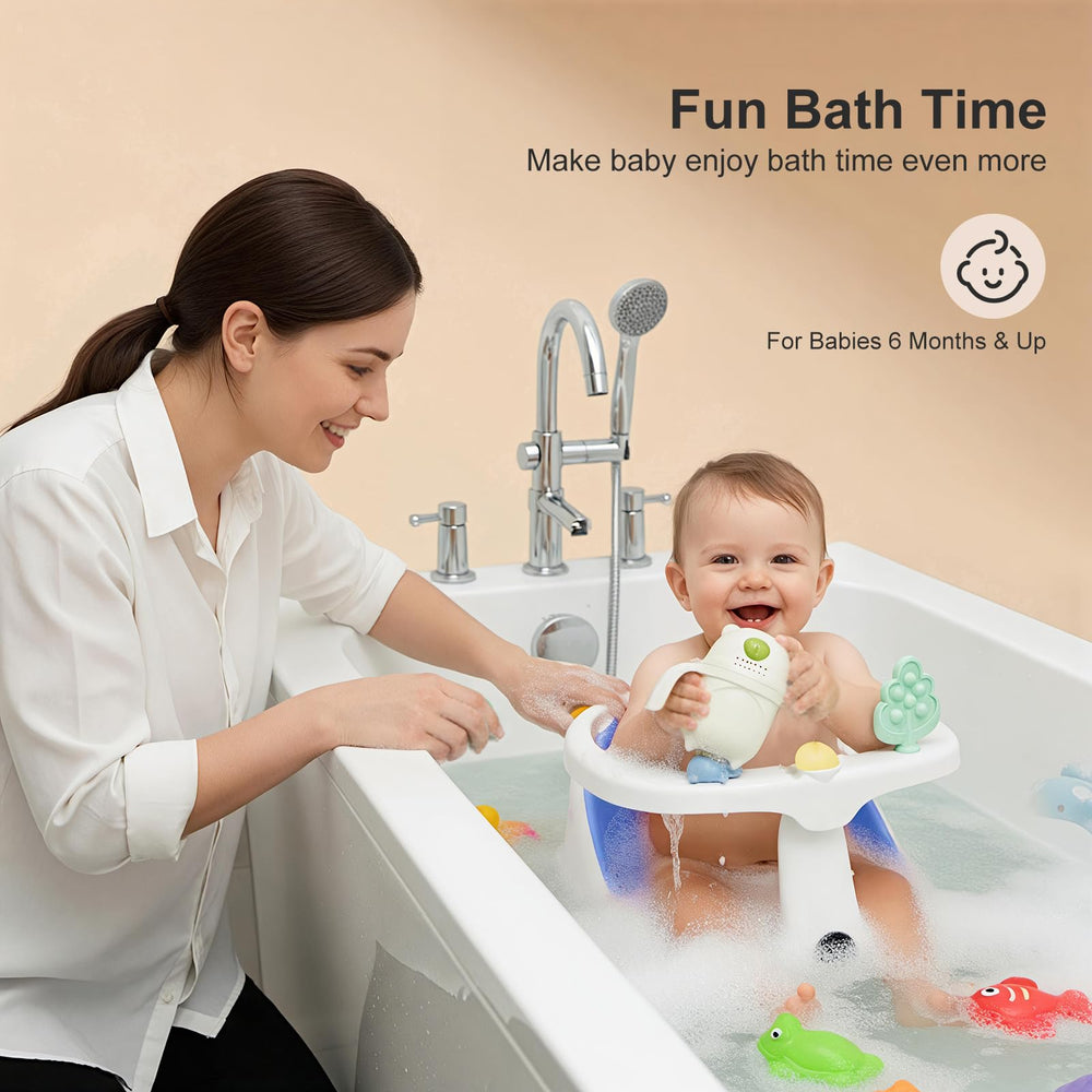 DZMDIP baby bath seat blue back view emphasizes head and back support during bath.