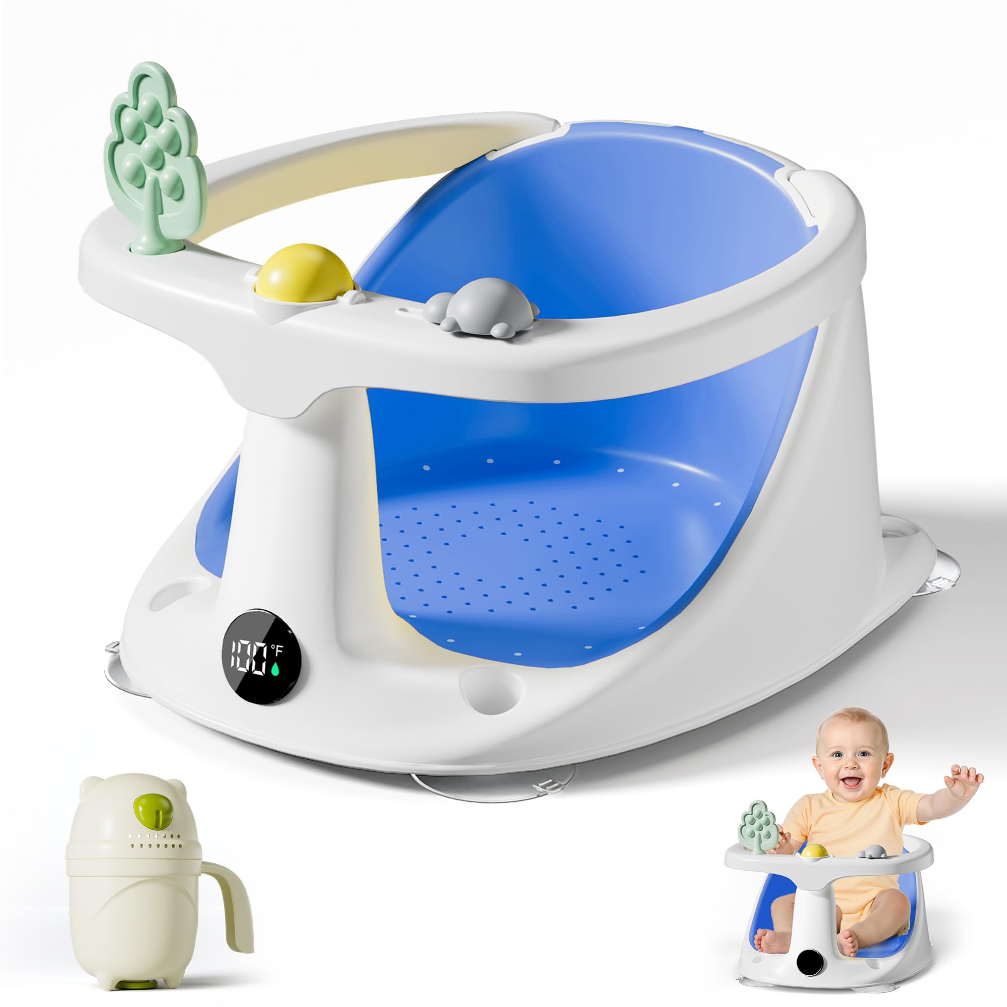 DZMDIP baby bath seat blue front view shows ergonomic support for comfortable baths.