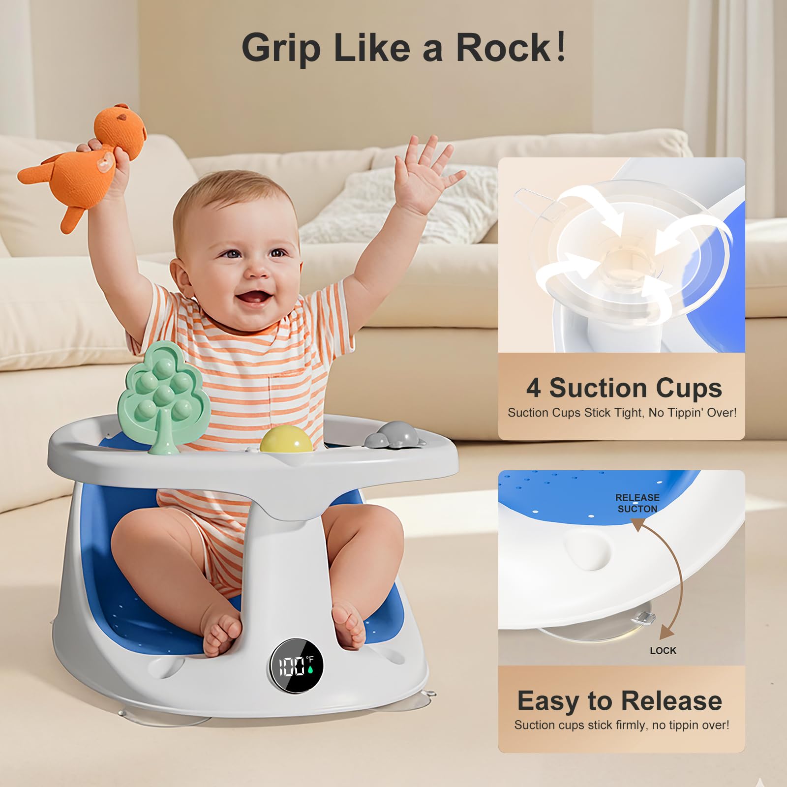 DZMDIP baby bath seat blue non-slip-cups keep baby secure during washing.
