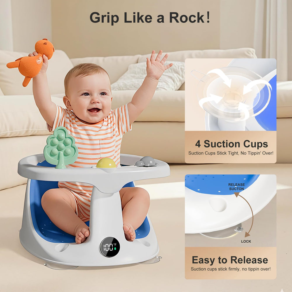 DZMDIP baby bath seat blue non-slip-cups keep baby secure during washing.